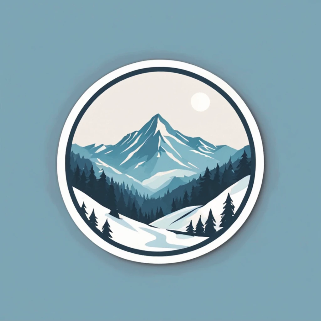 (Sticker),White background,(in circle), winter mountain with pine tree, ,Simple, Ultra detailed, Detailed drawing, vectorised, Silhouette, 8K, professional sticker design, Flat design, Vector lines, Sticker, Full-HD