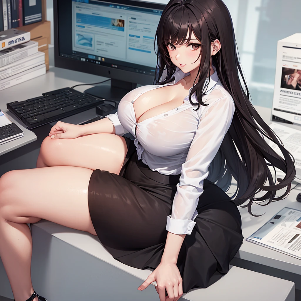 Upskirt shot, closeup, Brunette Latina sitting leaning on a desk, wearing a tight buttoned white shirt, sleeves rolled up, cleavage, enormous breasts, black skirt, white panties, see through tights, modern office, godrays, thicc curves voluptuous