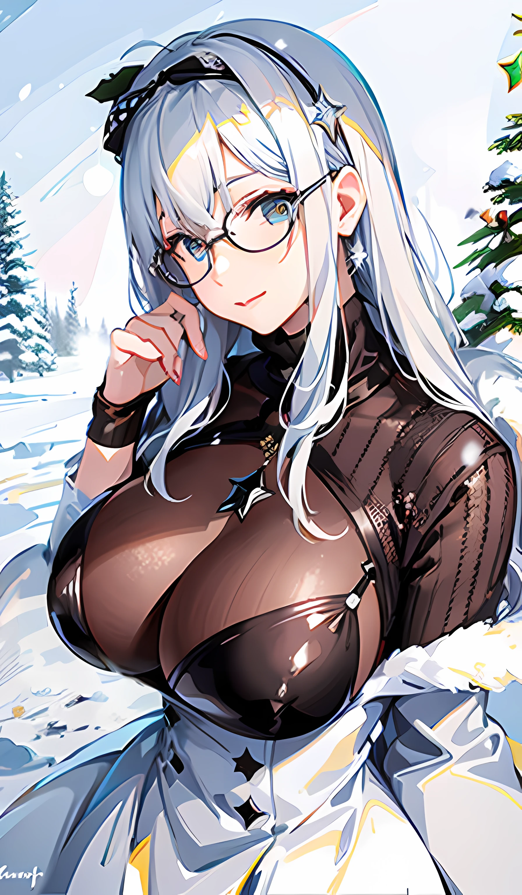 anime girl in glasses with a christmas tree in the background, fine details. girls frontline, from girls frontline, seductive anime girl, top rated on pixiv, at pixiv, perfect white haired girl, white-haired, white haired, oppai, | fine detail anime, thicc, artbook artwork, ecchi, with a large breasts, thick glasses