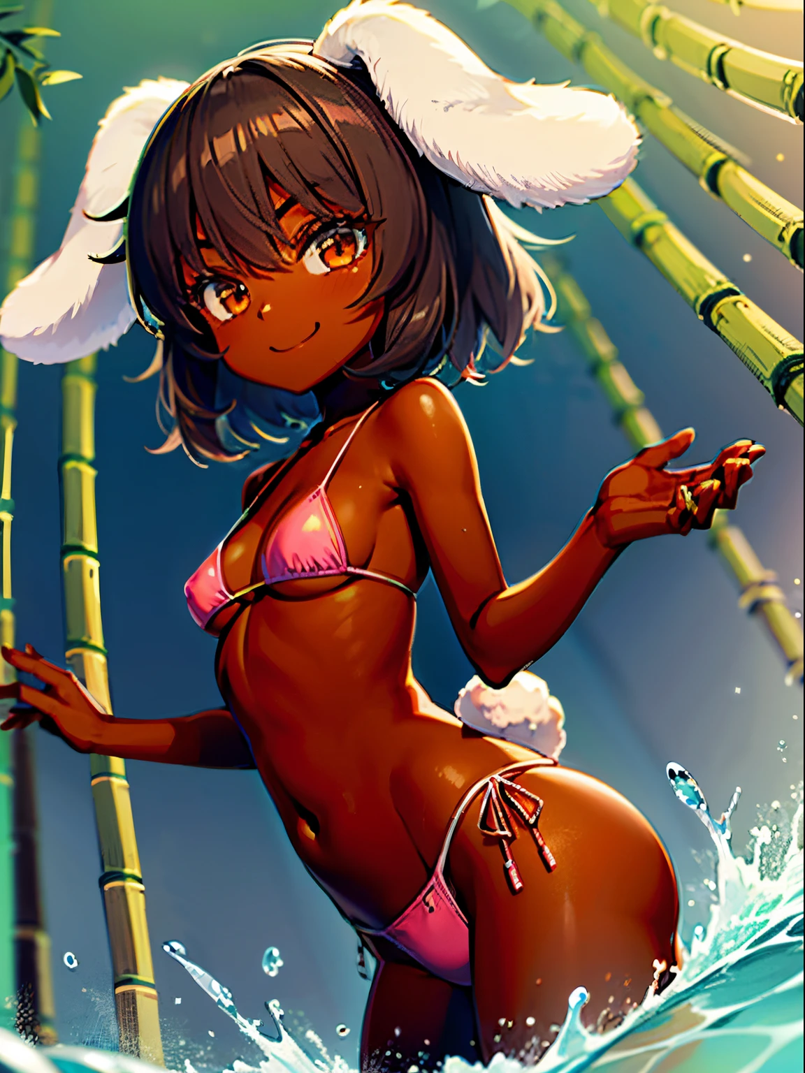 tewi, 1girl,short hair, dark hair, black skin, rabbit ears, pink bikini, coloured skin, tan, bamboo forest, water, smug smile