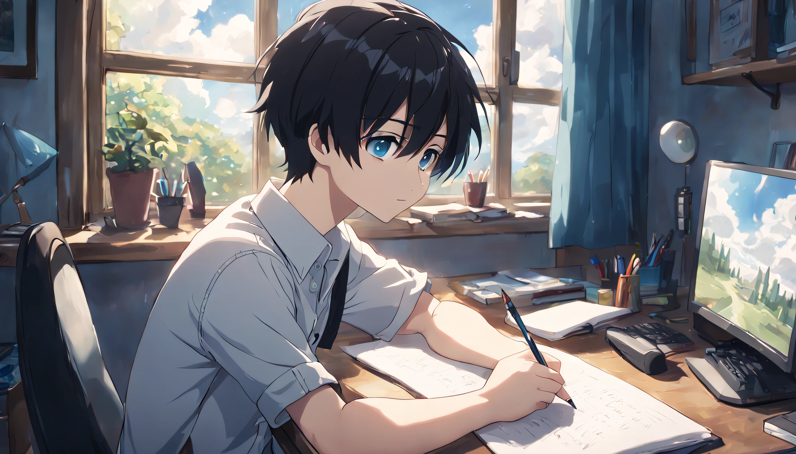 a cinematic still from an anime movie, quaint bedroom single bed, 1 computer on top of the desk, windows with bright sunlight and clouds, 1 boy, short black hair, blue eyes, well-defined and slightly arched eyebrows wearing plain white shirt, denim pants, sitting in desk, writing with a feather, facing viewer, high res, Sony fe 24-70mm f/2.8 gm, 32k UHD, moody lighting, muted cinematic color grading --ar 16:9