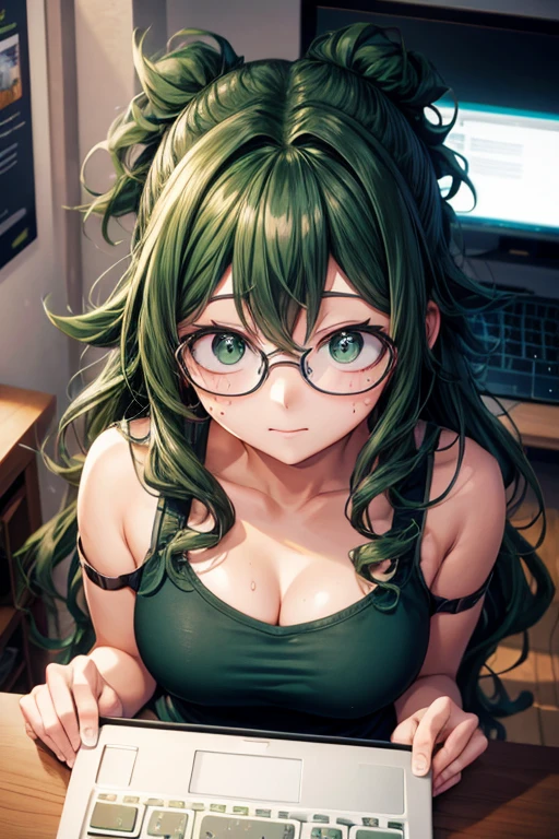 (Best quality), An adult female Izuku midoriya with long curly green hair and green eyes wearing glasses looking at a computer