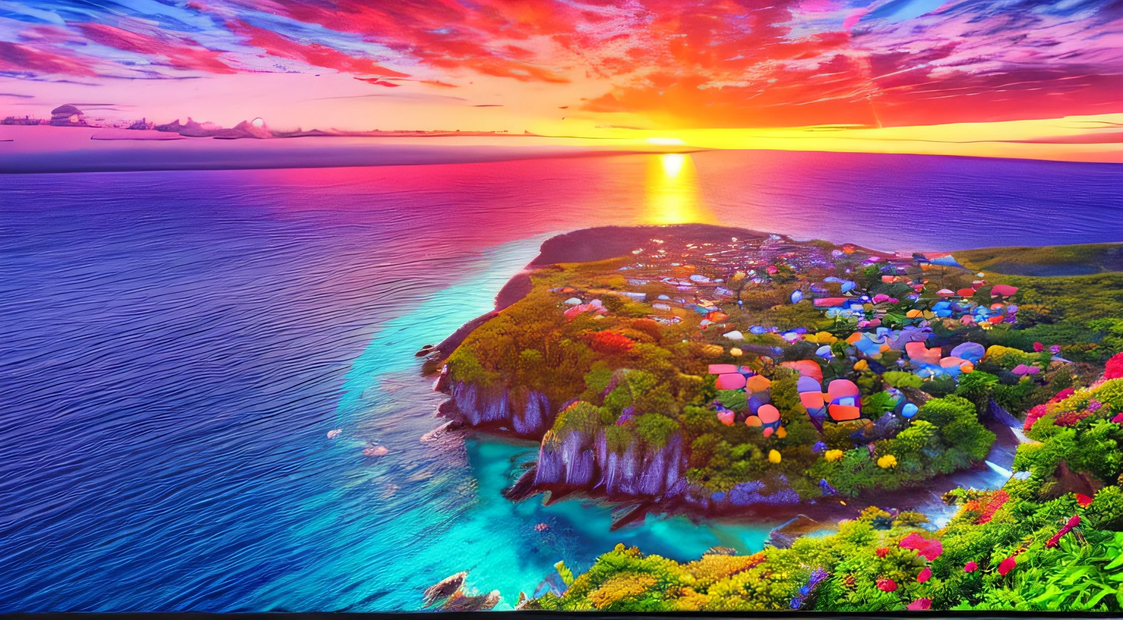 Stunning Island View, Beautiful Colorful Sunset Sky, 4K, Highly Detailed, Lush colorful foliage