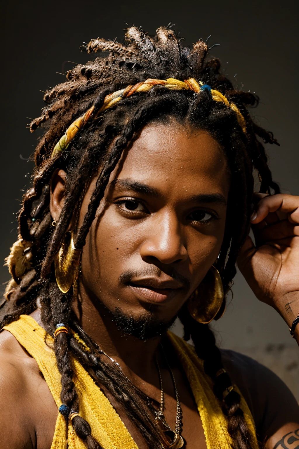 make a realistic male jamaican reggae singer with dreadlocks, headshot only