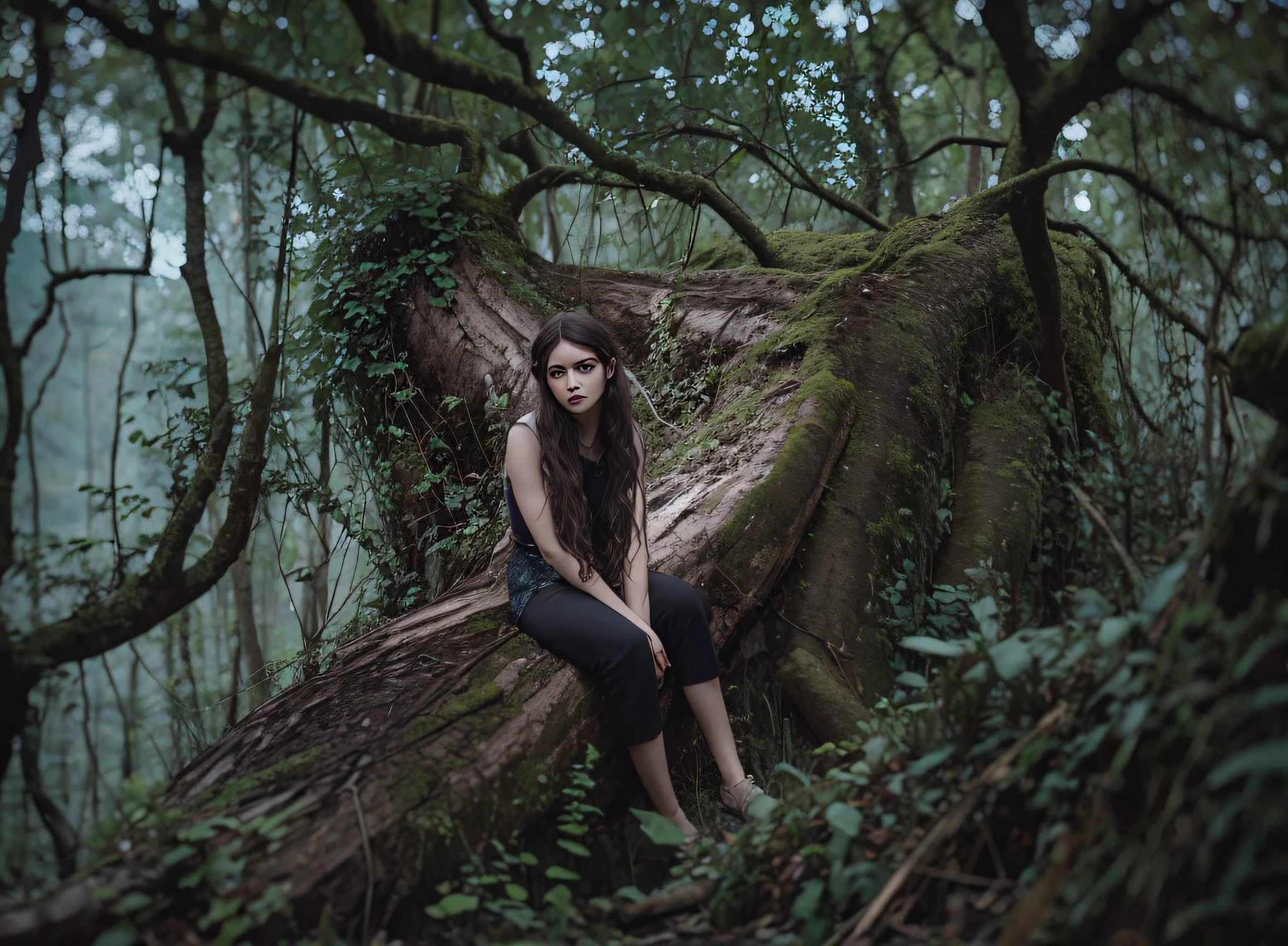 painting of a young woman sitting on the ground in a dark forest barefoot NO shoes in a black dress oil painting