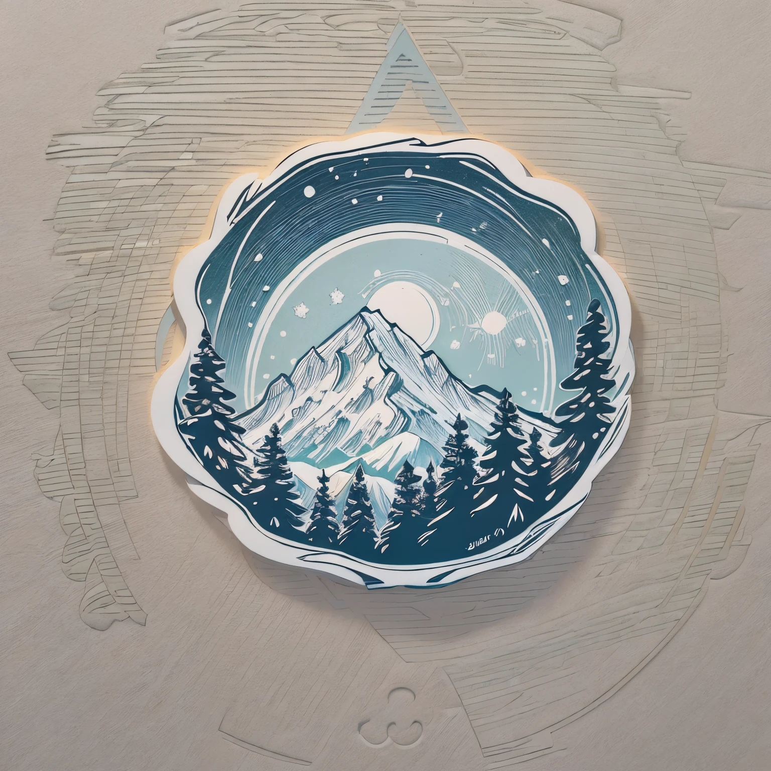 (Sticker),White background,(in circle), winter mountain with pine tree, ,Simple, Ultra detailed, Detailed drawing, vectorised, Silhouette, 8K, professional sticker design, Flat design, Vector lines, Sticker, Full-HD