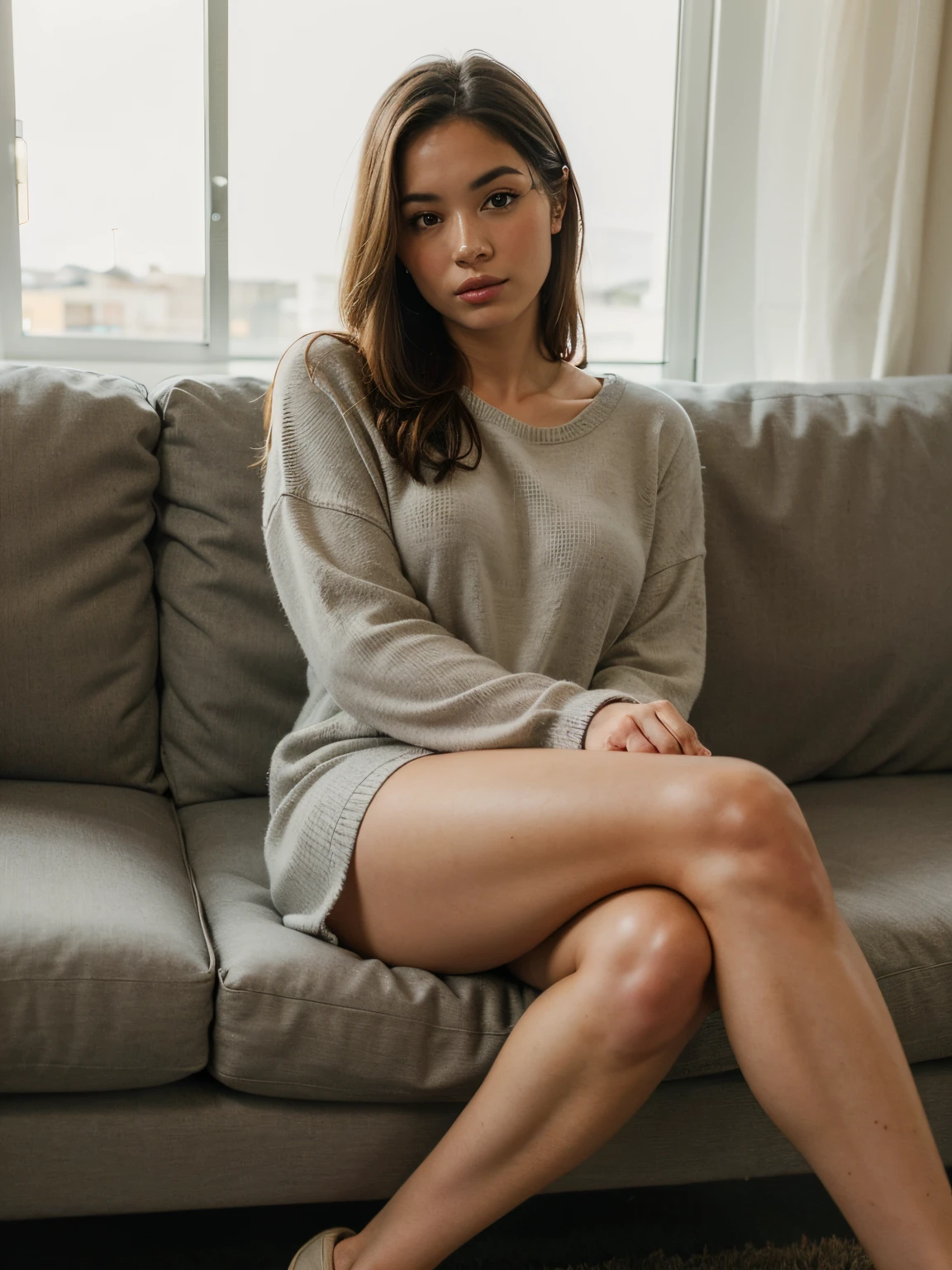 1girl,sitting on a cozy couch,crossing legs,soft light, staring into lens, black boots