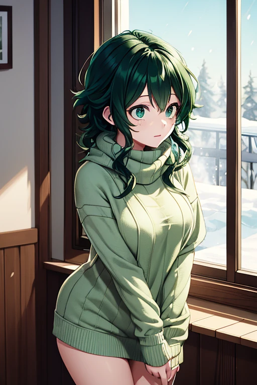 An adult female Izuku Midoriya with long curly green hair and green eyes wearing an oversized sweater looking out a snowy window