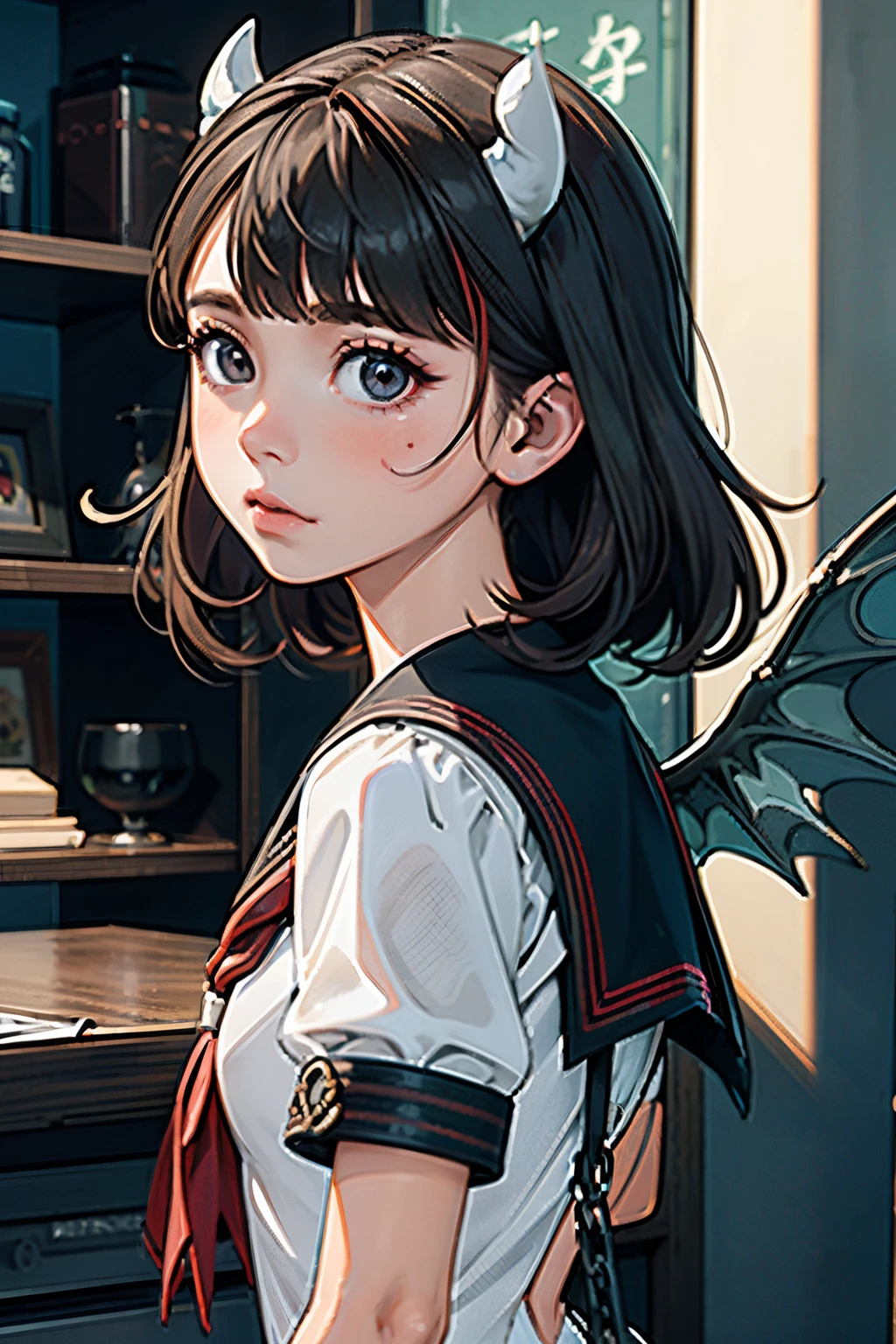 1girl, , Chifres, Uniforme escolar, orelhas pontudas, Asas, Brincos, Serafuku, jewelries, fundo branco, parte superior do corpo, olhos vermelhos, demon wings, demon horns, Demon Boy, fundo simples, Back-to-back, olhos cor-de-rosa, separated-lips, Serafuku Preto, brown hair, Demon girl, cabelos pretos, Olhando para o Viewer, cabelos longos, Gakuran