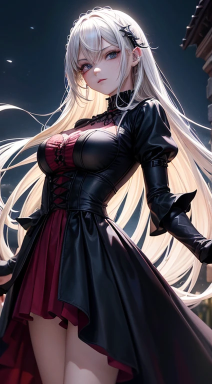 Arafed, arte de fantasia sombria, gothic art, (master part:1.5), melhores detalhes de corpo inteiro, altamente detalhado, best quality, Altas, retrato de corpo inteiro de um vampiro, Onze (1.6, master part, best quality), ultra feminino (1.4 detalhes intrincados, master part, best quality) with long curvy hair, Cabelos de cor escura, olhos vermelhos (1.3 Arte de fantasia, master part, best quality), ((belo rosto delicado)), Face Ultra Detalhada (1.4 detalhes intrincados, arte de fantasia, master part, best quality), [sharp vampiric fangs visible] (1.6 detalhes intrincados, arte de fantasia, master part, best quality), [anatomicamente correto] Capa vermelha, flowing cloak (1.4 detalhes intrincados, arte de fantasia, master part, best quality), vestindo um couro intrincado [Branco] vestir (1.4 detalhes intrincados, gothic art, master part, best quality), Botas de salto alto, blood dripping on lips, Fundo Urbano (Detalhes intensos, Detalhes da batida), fantasia, dappled in evening light, natural ,luz da lua, luz suave da lua, Raios da Lua, nuvem, Gothic ambiance, Gothic street background, Morcegos voando no fundo, luz suave, dynamic light, [[anatomicamente correto]], Detalhes altos, best quality, 8k, [ultra detalhado], master part, best quality, (extremamente detalhado), Dynamic angle, tiro ultra largo, .RAW, fotorrealista