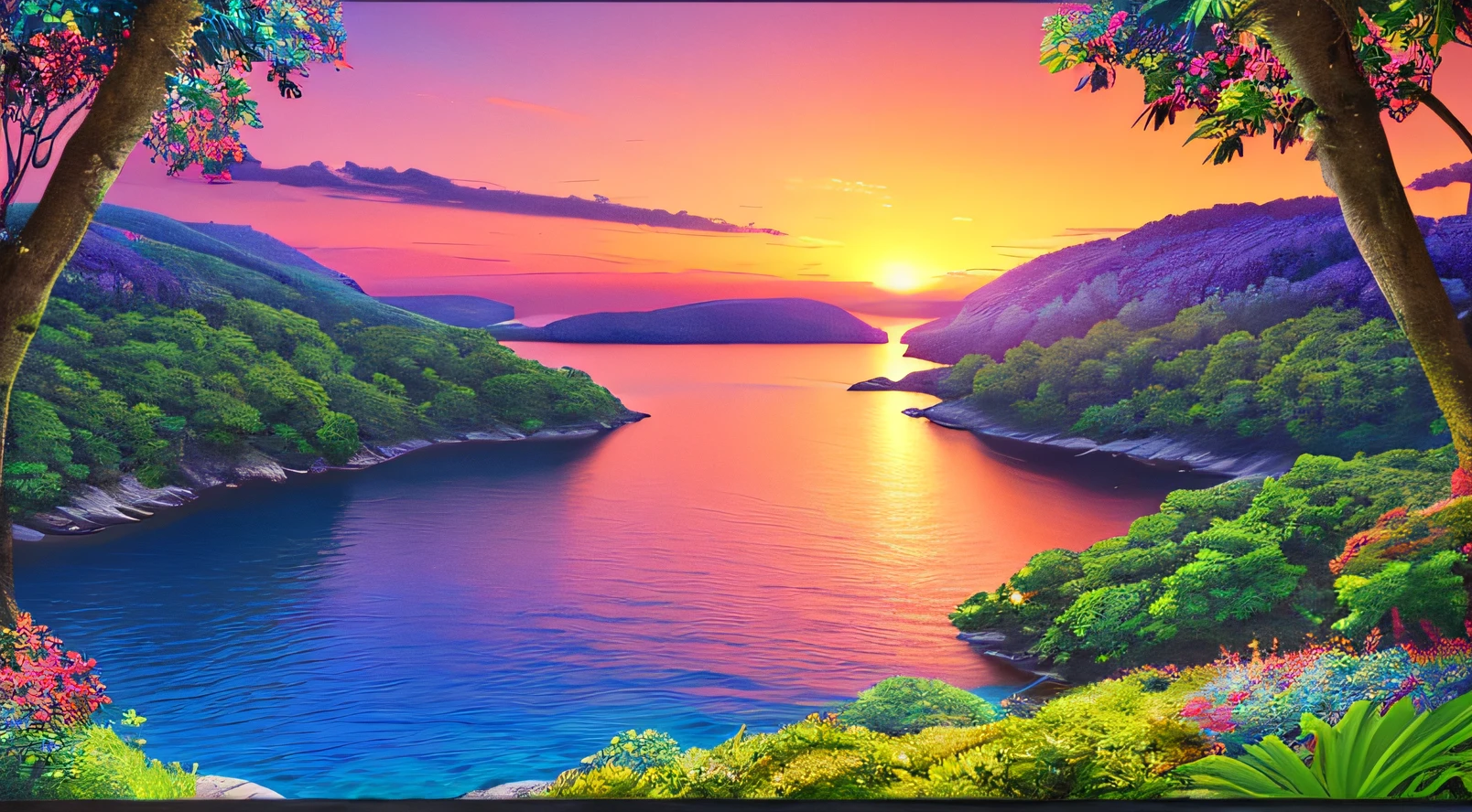 Stunning Island View, Beautiful Colorful Sunset Sky, 4K, Highly Detailed, Lush colorful foliage and trees, realistic sea, hyperrealism