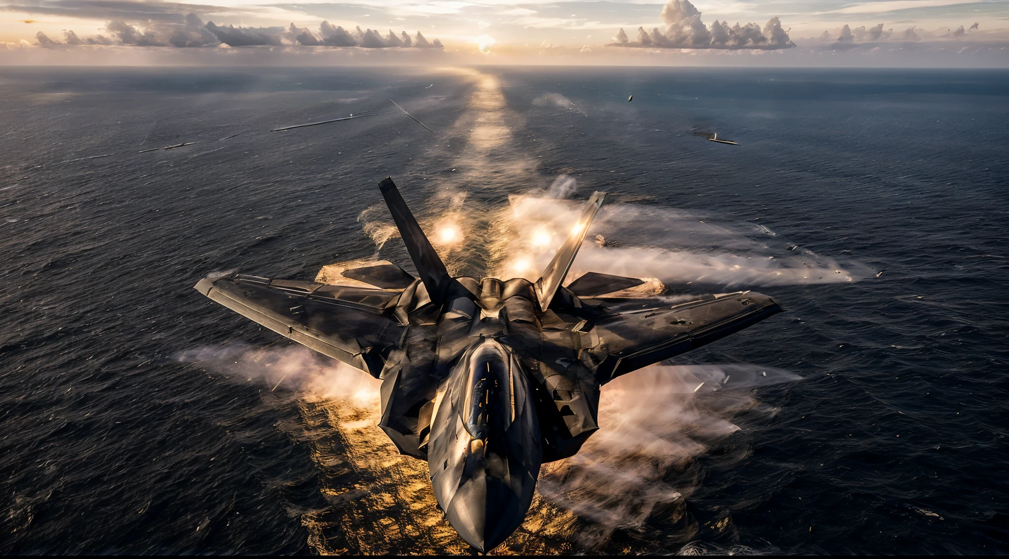 (mastepiece) (((Black modern plane - fighter. Flying over the ocean))). There is an Aircraft Carrier below. ((It's cloudy weather, golden hour, sunset.)) centered to frame, simitry, cinematic light, realism, crystal clear image, intricate details, 200mm f2, golden hour