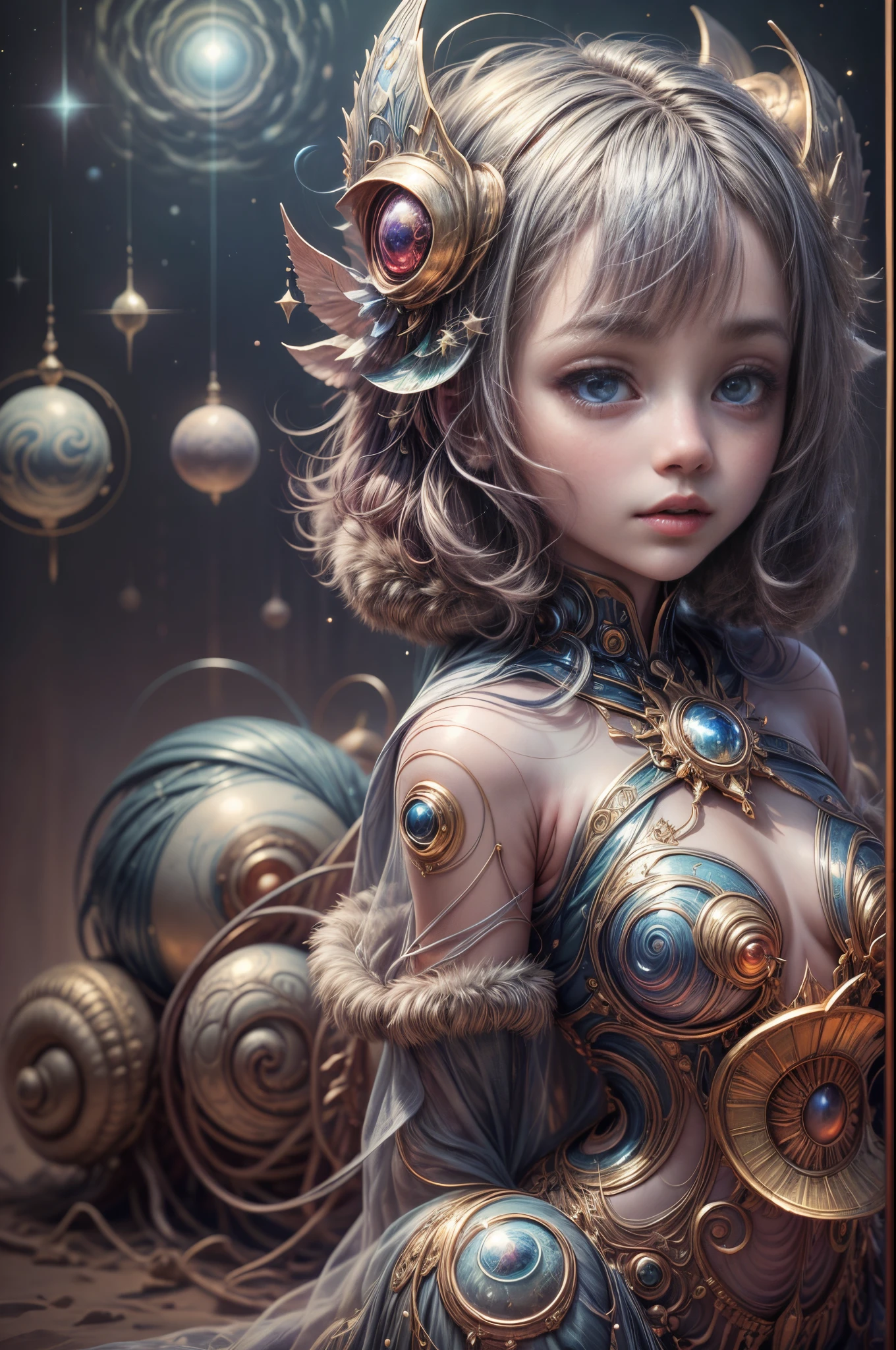 "Young Girl from the stars, (shimmering fur), celestial antennae, shell of wonder, planetary dreamscape, (cosmic enchantment), surreal artistry, vibrant and alien palette",kneeling, wide shot, f/1.8, bokeh