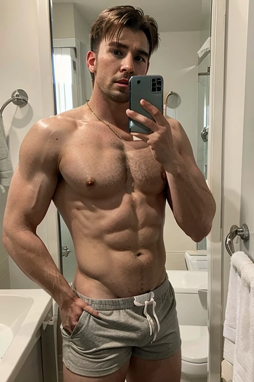 chris evans takes mirror selfies in his bathroom, shirtless, only wears boxershorts, massive bulge