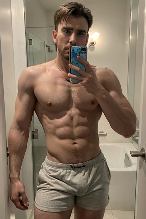 chris evans takes mirror selfies in his bathroom, shirtless, only wears boxershorts, massive bulge