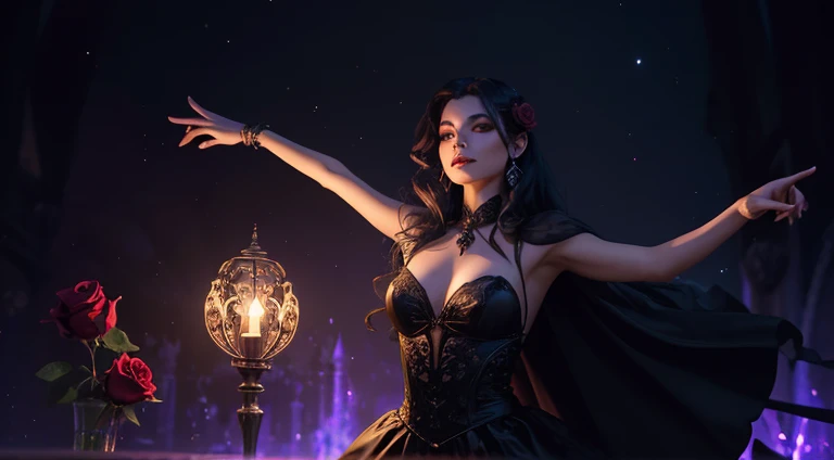 best quality, master part, Estilo de fantasia sombria surreal, a vampire goddess dancing in the moonlight on a beautiful rose, sonhador, (Rosto hiper detalhado:1.2), luz suave, luar, ray tracing, muitas rosas, tiro de comprimento total, soft-lighting, altamente detalhado, 8k