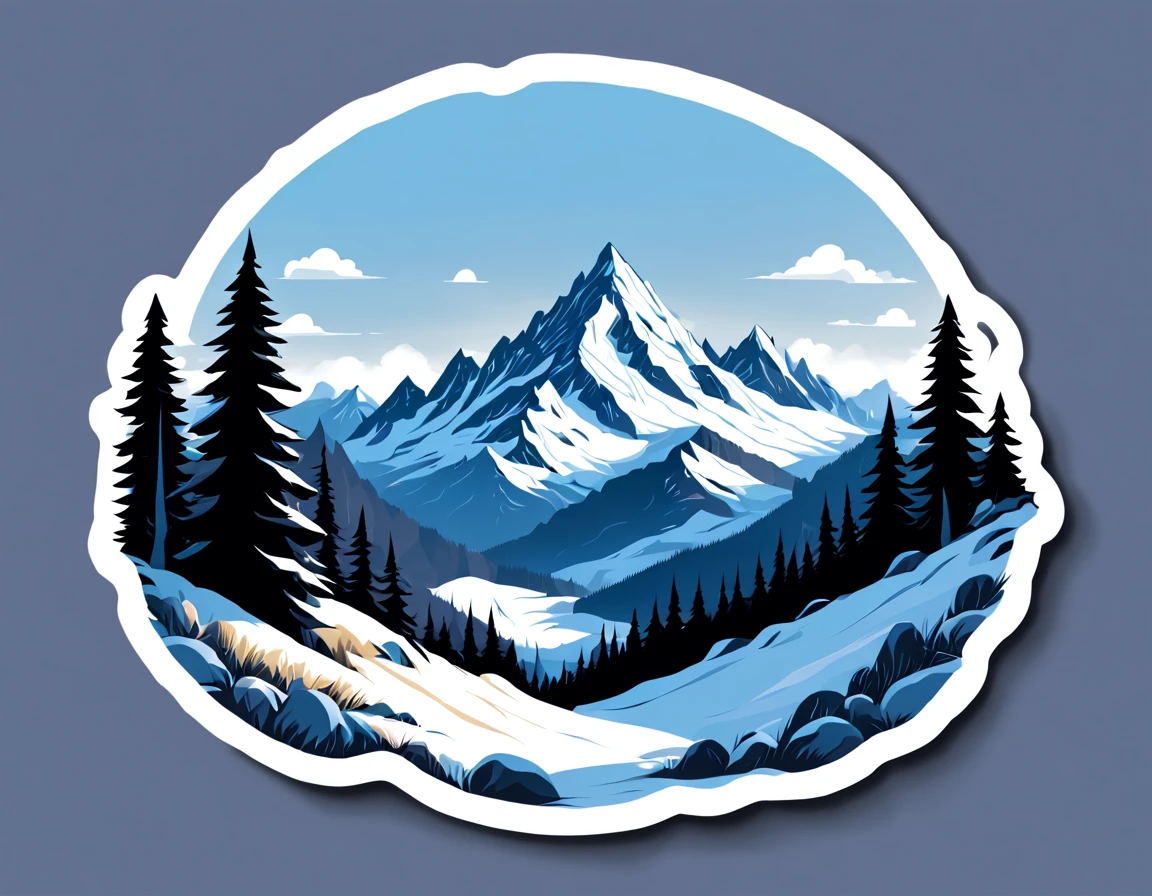 (Sticker),White background,(in circle), winter mountain with sport, ,Simple, Ultra detailed, Detailed drawing, vectorised, Silhouette, 8K, professional sticker design, Flat design, Vector lines, Sticker, Full-HD