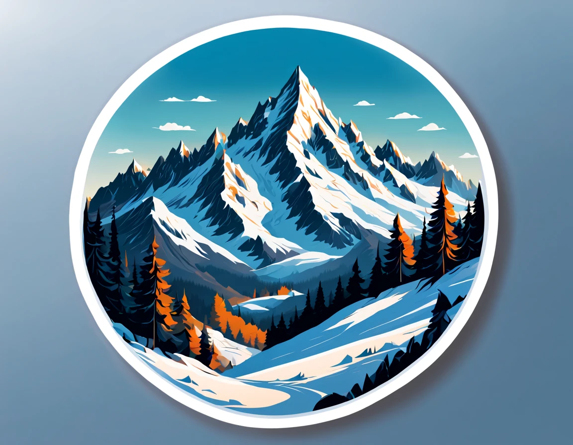 (Sticker),White background,(in circle), winter mountain with sport, ,Simple, Ultra detailed, Detailed drawing, vectorised, Silhouette, 8K, professional sticker design, Flat design, Vector lines, Sticker, Full-HD