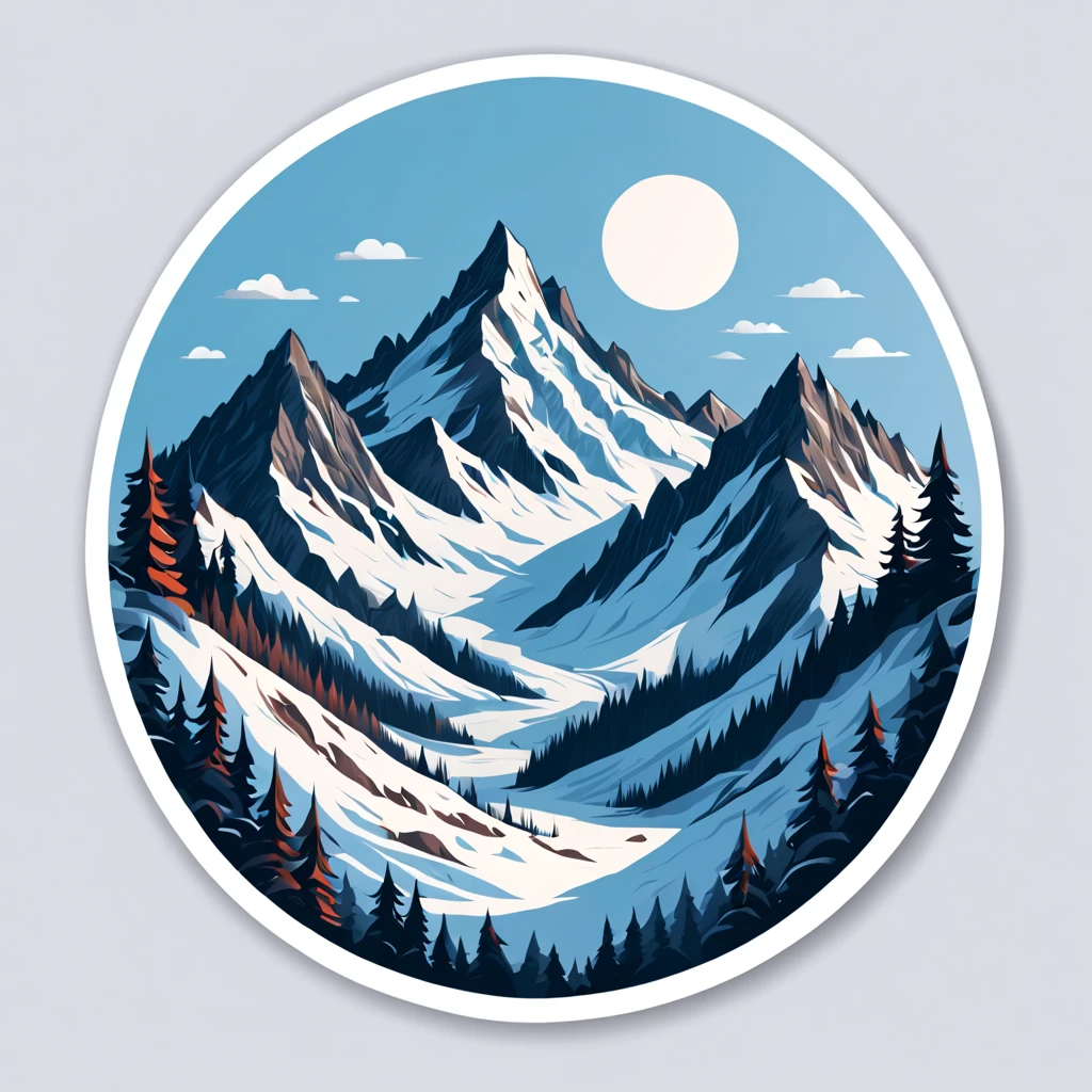 (Sticker),White background,(in circle), winter mountain with sport, ,Simple, Ultra detailed, Detailed drawing, vectorised, Silhouette, 8K, professional sticker design, Flat design, Vector lines, Sticker, Full-HD