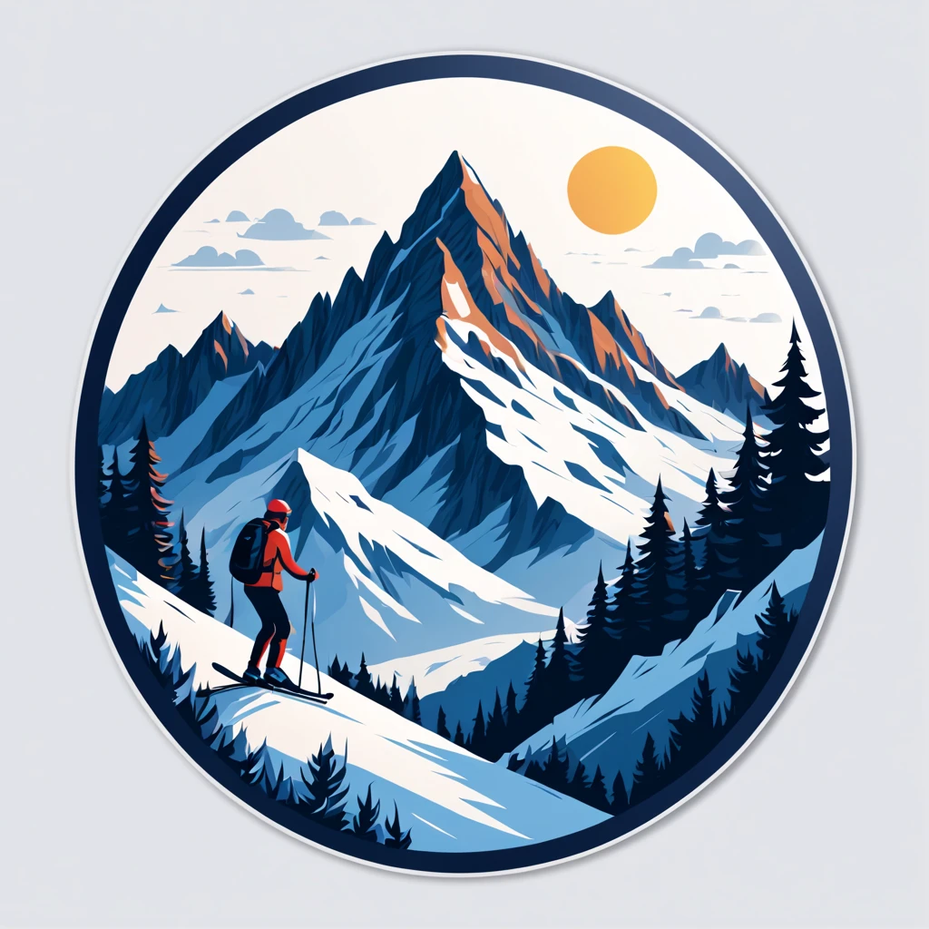 (Sticker),White background,(in circle), winter mountain with sport, ,Simple, Ultra detailed, Detailed drawing, vectorised, Silhouette, 8K, professional sticker design, Flat design, Vector lines, Sticker, Full-HD