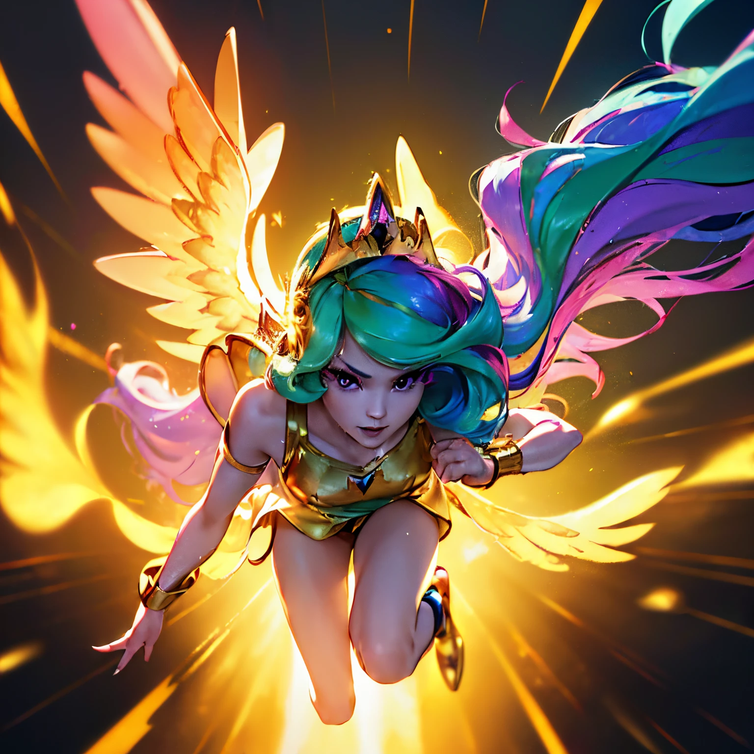 (princess_celestia),(crown),(flying),(wings on back),(fire in eyes),(angry),(charging toward screen),(best quality,4k,8k,highres,masterpiece:1.2),(ultra-detailed),(photorealistic:1.37),(HDR),(vivid colors),(portraits),(golden color palette),(divine lighting), human, upset, superhero likeness, flying with fist up