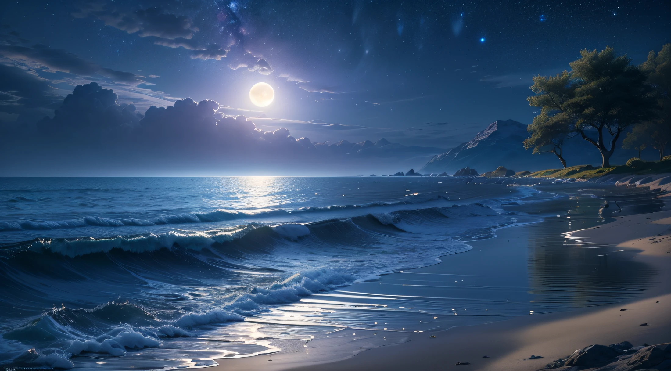 (Best Quality,4k,8K,hight resolution,Masterpiece:1.2),Ultra-detailed,(Realistic,Photorealistic,photo-realistic:1.37),Night Landscape, The sea, the stars, Romantic,Moonlight reflections,peaceful atmosphere,dimly lit beach,distant waves wash the shore,calm and quiet water,serene atmosphere,Twinkling starry sky,Dark silhouettes of trees,A gentle breeze,Rays of moonlight, Lighting up the stage,reflective sand,peaceful and surreal,Subtle shades of blue,Serene and soothing