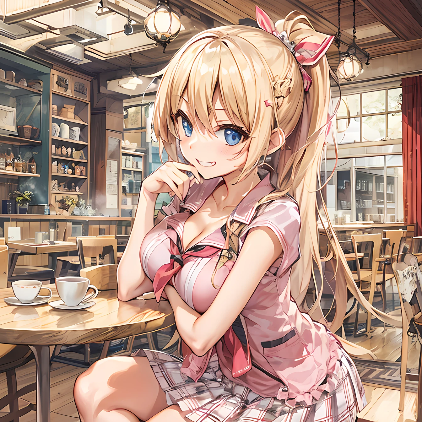 1girl、（masturbation、NSFW）、laughter、light blue dress、white apron、blonde hair、ribbon、clock、wonderland、（small breasts）、movement、no pants、show your chest、(pull your panties down to your knees,NSFW),SEX,masturbation、Pee、dildo、spread your legs wide、On your back、