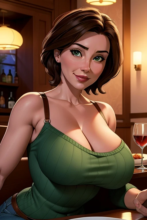 Aunt Cass, Aunt Cass Big Hero 6, MILFs, one woman, Mature female, 42 yo, short hair, (Brown hair), light-skinned female, green eyes, big ass, Curvilinear waist, with chin resting on hand, shoulders resting on the table, , Looking at the Viewer, bra edges on sweater, sensual cleavage, full breasts, Mature Face, curvy female, thick thighs, voluptuous female, black belt, delicate gloves , bra strap appearing, soft breasts, Female focus, Mom's breasts, mommy, charming countenance, Imposing female, high waisted jeans, cloth sweater, teasing with her breasts, sitting on a restaurant chair, a date, First-person view, on front of suitor, Bobo smile, hearts over the head, plates with food on the table, candle lighting, in an elegant restaurant, glass of wine on the side, sitting in front of the viewer, (sitting at a table in a restaurant), shot upper body, partially visible body, crowded restaurant in the background, in the nighttime, Romantic mood, Brown hair