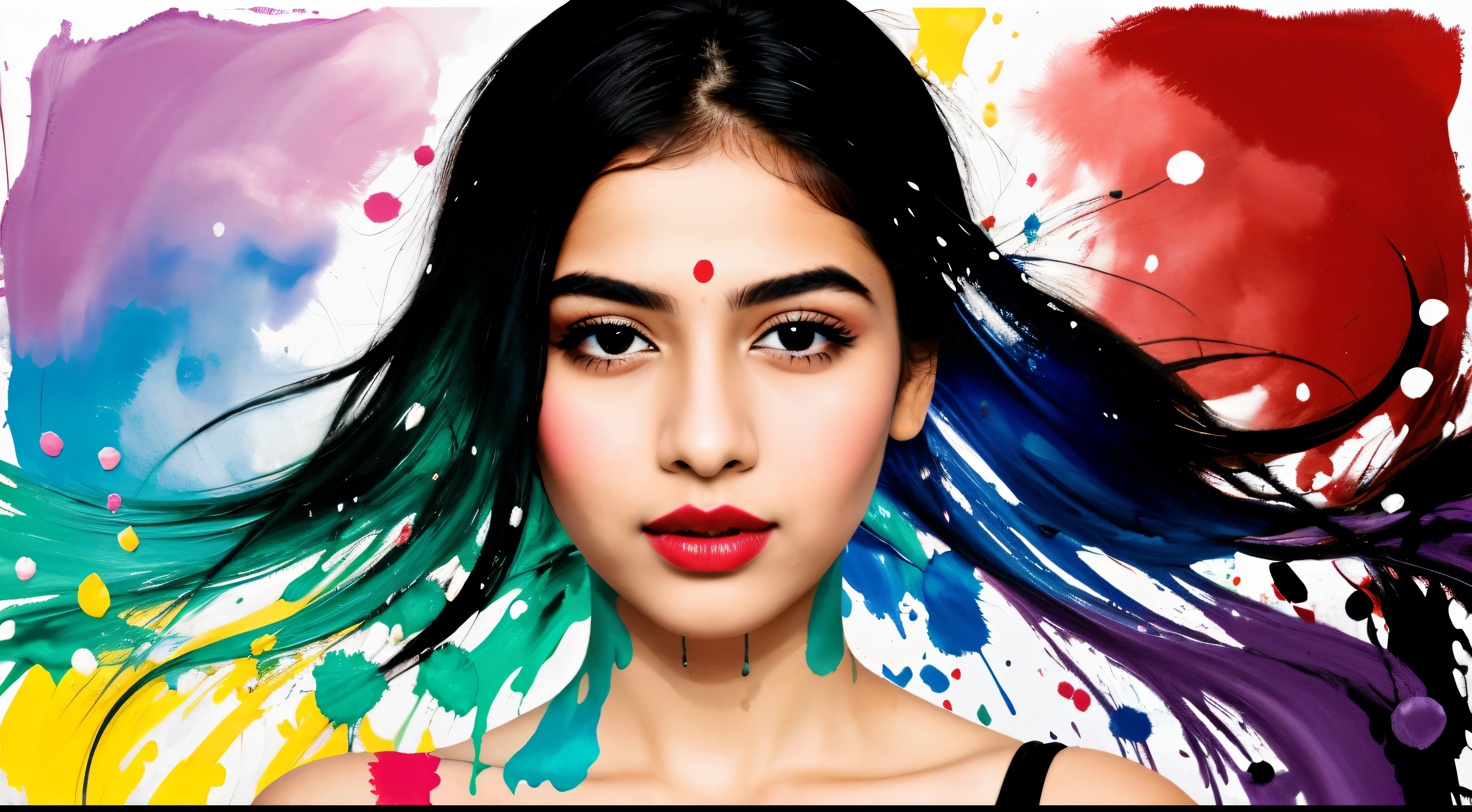 (Masterpiece, Best Quality, High Resolution), White Background, ((Paint Splash, Color Splash, Splash of Ink, Color Splash)), Sweet indian Girl in black dress, Rainbow Hair, Pink Lips, Front face, red top, flowers garden background