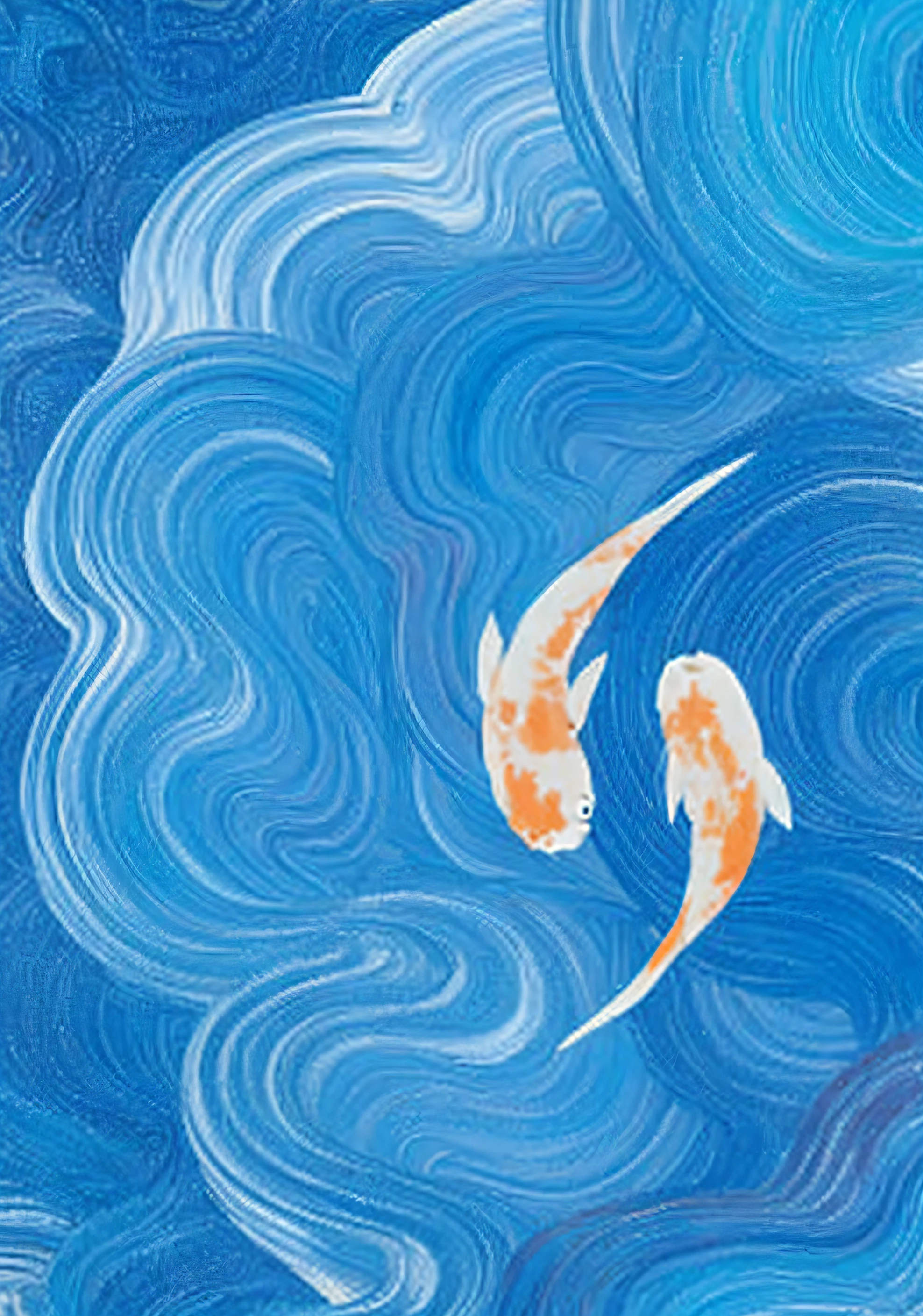 Painting of two koi fish in blue swirling sky, Fish swim, inspired by Katsushika Hokusai, inspired by Katsushika Hokusai, requirements, katsushika hokusai style, inspired by Katsushika Hokusai, katsushika hokusai style, koi fishes, Koi fish floating in space, Fish swim, twist