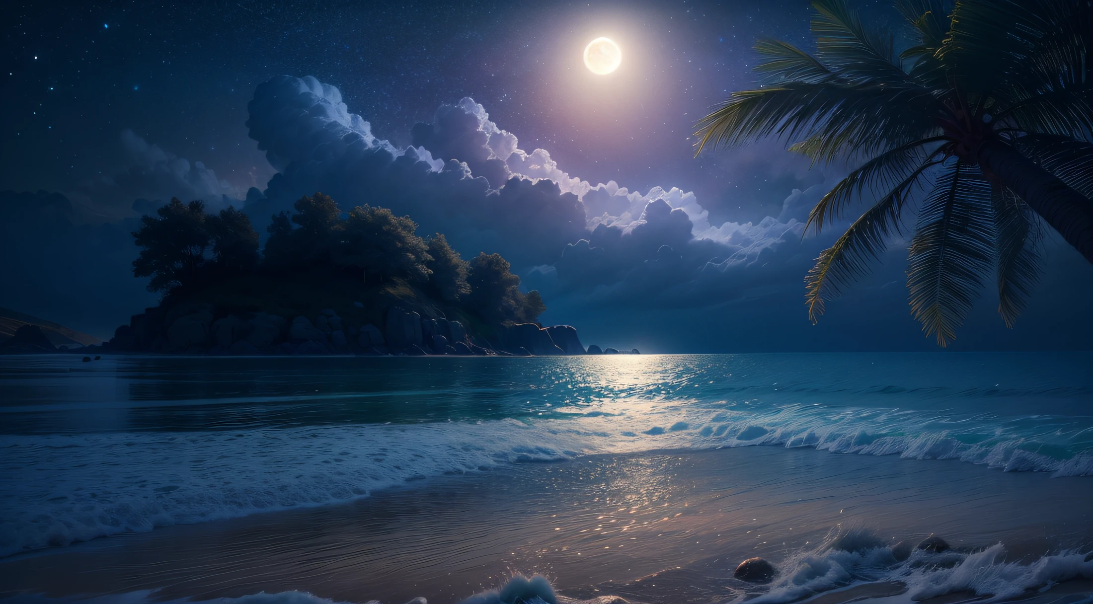 (Best Quality,4k,8K,hight resolution,Masterpiece:1.2),Ultra-detailed,(Realistic,Photorealistic,photo-realistic:1.37),Night Landscape, The sea, the stars, Romantic,Moonlight reflections,peaceful atmosphere,dimly lit beach,distant waves wash the shore,calm and quiet water,serene atmosphere,Twinkling starry sky,Dark silhouettes of trees,Breeze,Rays of moonlight, Stage lighting,Reflective sand,peaceful and surreal,Subtle shades of blue,Serene and soothing