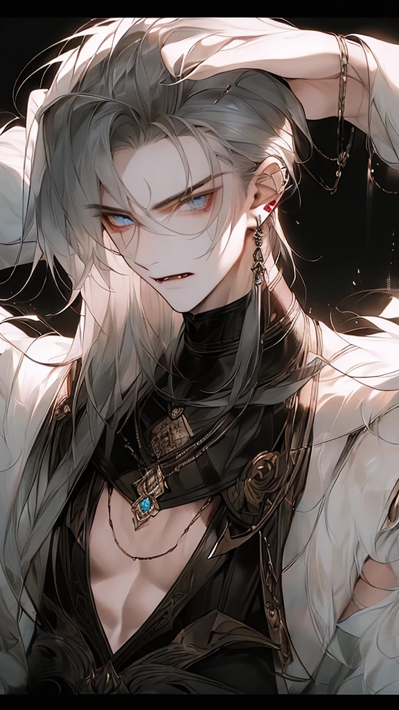 man, vampire, masculine, masculine face, attractive, muscular, ((1man)), masterpiece, absurdres, best quality ,intricate details , (shiny skin, shiny body, shiny oily luster skin, shiny hair, pale skintone), old castle, Sundown, attractive, ((muscular)), adult, one, tattoo in his chest ,black blouse, earrings, black pants, Don't look at the view , Not looking at the view, red short hair, perfect detailed face, perfect detailed hands, vampire fangs, blue eyes, ((MLS)), medium large shoot
