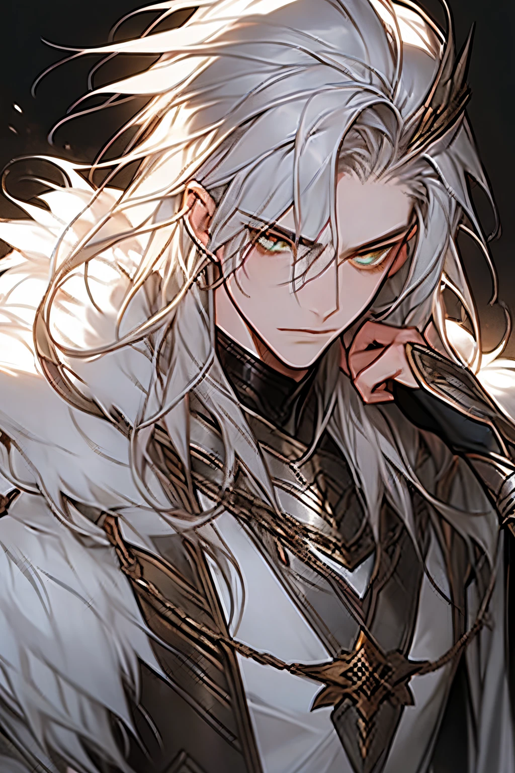 male people, Long silver messy hair, white fur cape, yellow-eyed, adult face, AS-Adult, Bare chest and armor, fanciful, Elite warriors, Lick your fingers