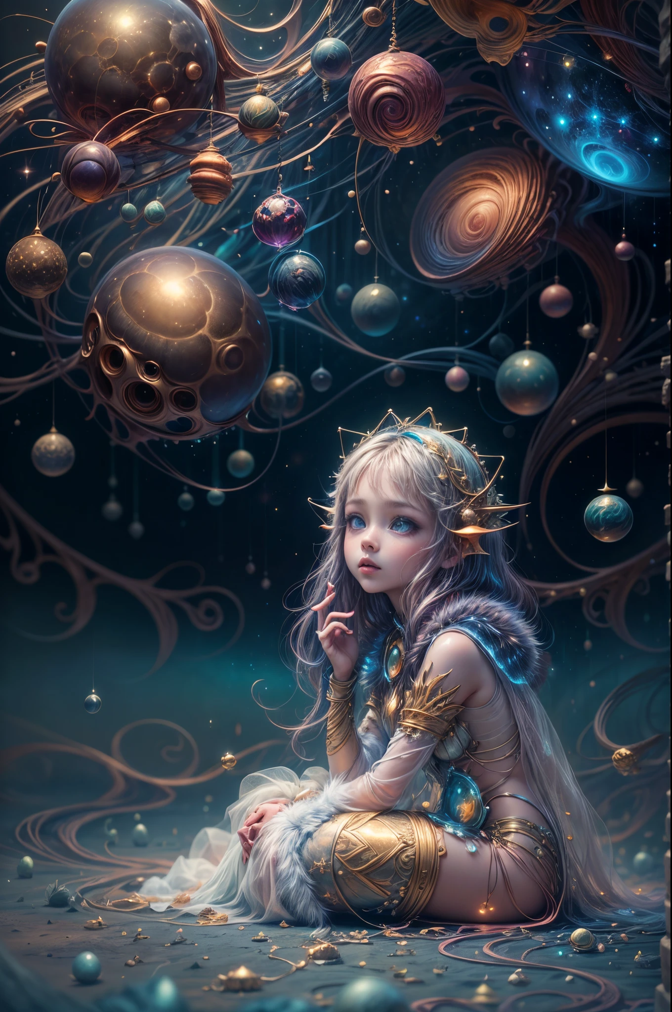 "Young Girl from the stars, (shimmering fur), celestial antennae, shell of wonder, planetary dreamscape, (cosmic enchantment), surreal artistry, vibrant and alien palette",kneeling, wide shot, f/1.8, bokeh