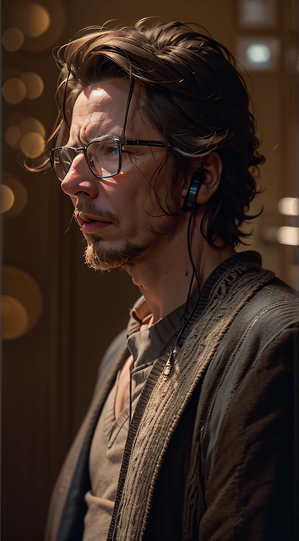 (handsome male),Park,Satellite view,brown hair,Listening to music,healing,dramatic lighting,UHD,hiquality,(Best Quality:1.2),High Resolution,8K,16k, young Gary Oldman