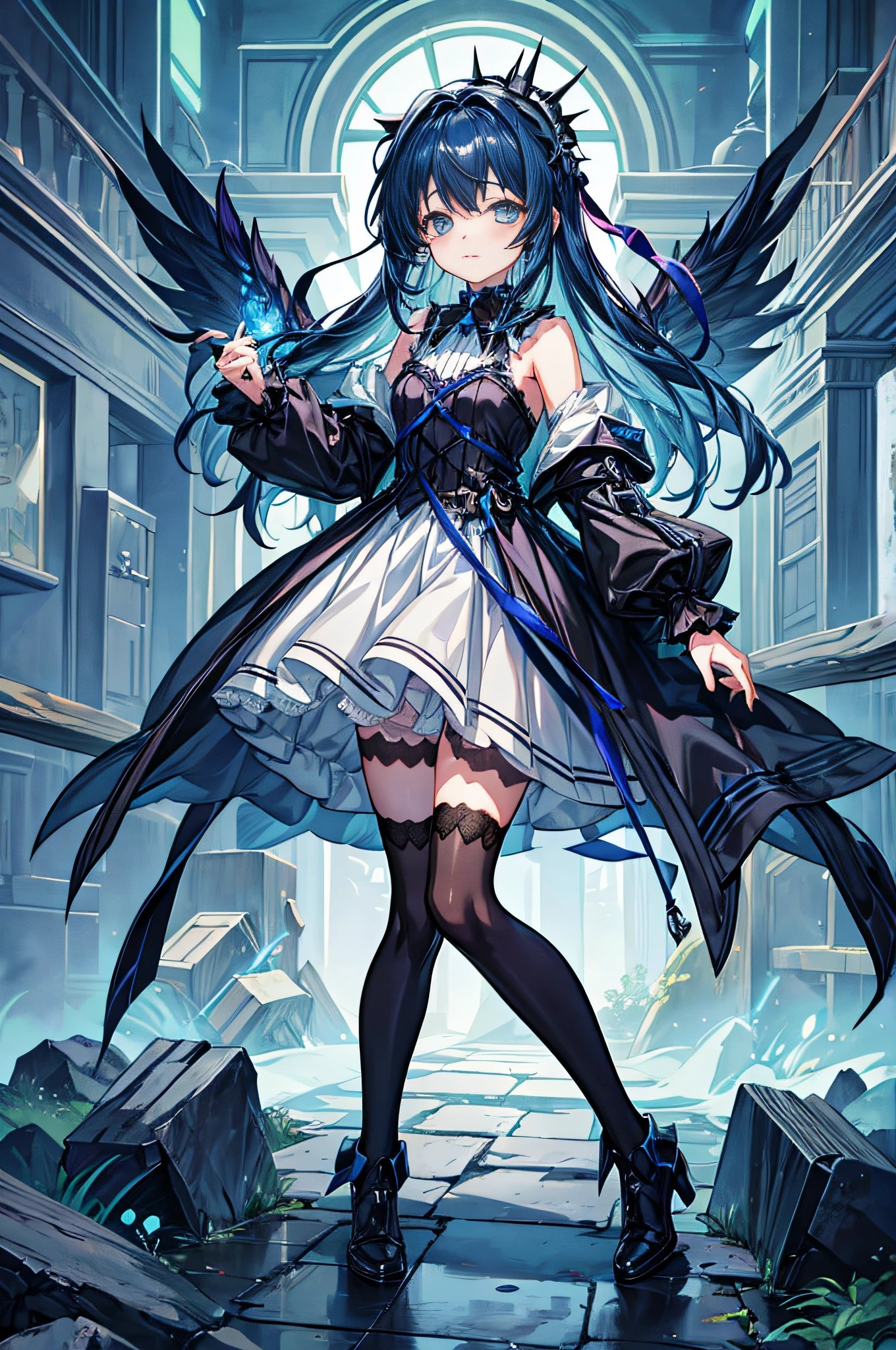 (Perfect Anatomy:1.2, highest quality),(Maid leotard details:1.6),One Girl,alone,Long Hair:1.5, (Short sleeve, Thighs,Maid Cufflinks),,Hypno Lola, Hollow Eyes,(High heel lace-up boots:1.4), (Without skirt:3.0),Dark aura,Leotrad,,From below,love for viewers,Looking down,(In the 
 research evil facility:1.8)