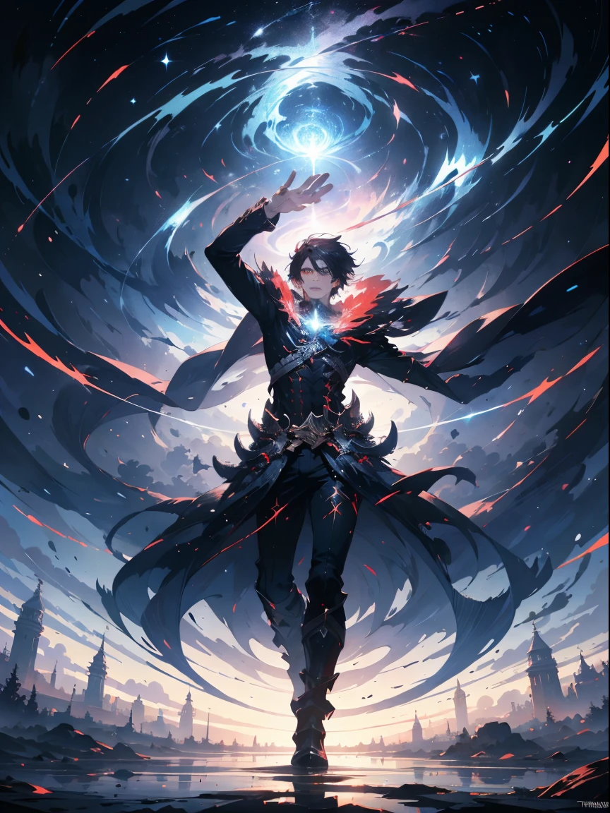 a painting that represents the nature of magic in his world，The protagonist with black hair and red eyes has a mysterious black mark on his neck，Immerse yourself in a barrage of magical energy，Normal hands，Glowing particles dance around him，Mysterious symbols formed in the sky， tmasterpiece， Best quality， ultra - detailed， illuminations， 8k resolution concept art， Fantasyart， epic art， 4K concept art wallpaper，dark colour，natural  lightting，Magic Vortex，