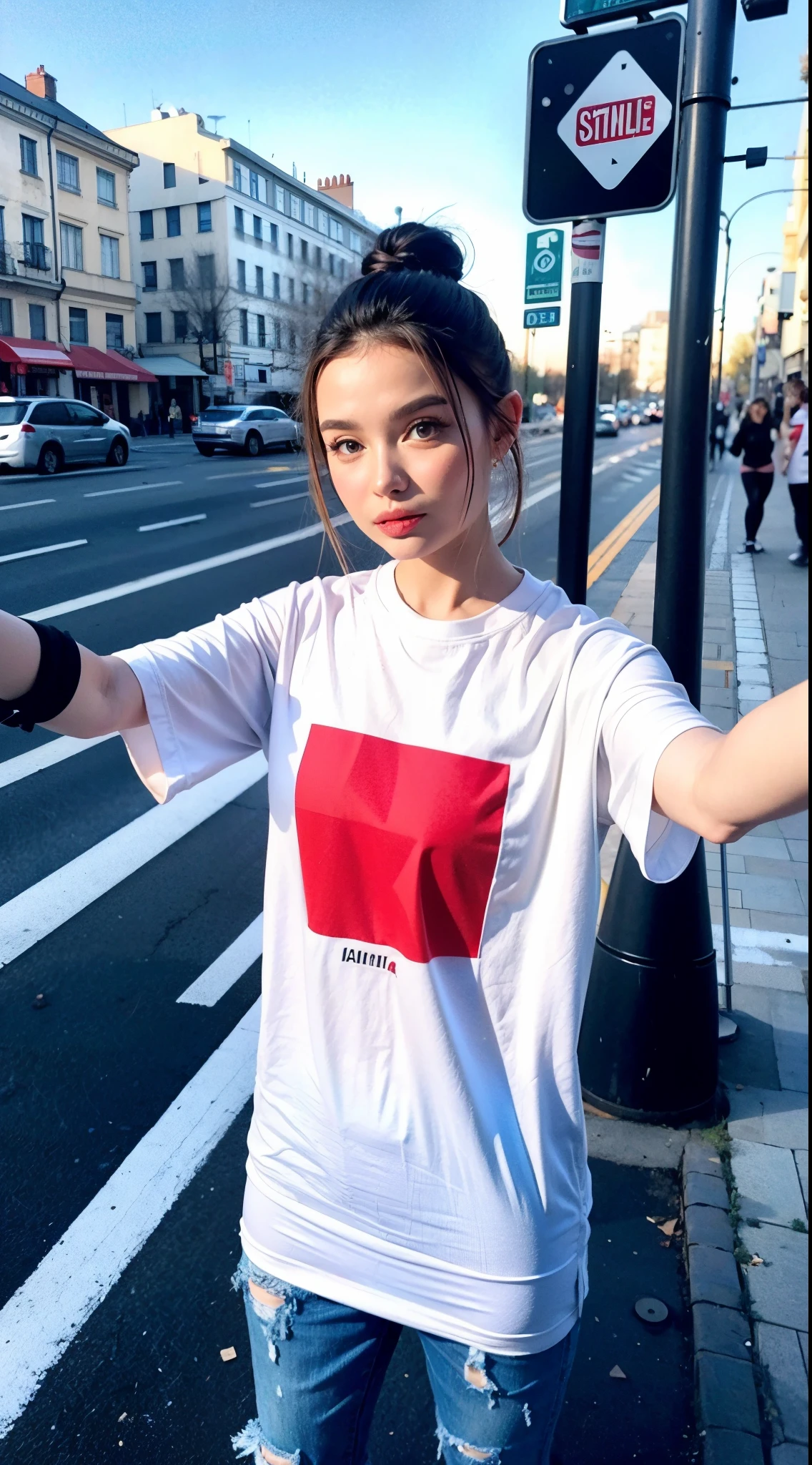 arafed slavic woman, 24 year old female model, selfie, crosses a pedestrian crossing, people, city, oversize t-shirt, no bra