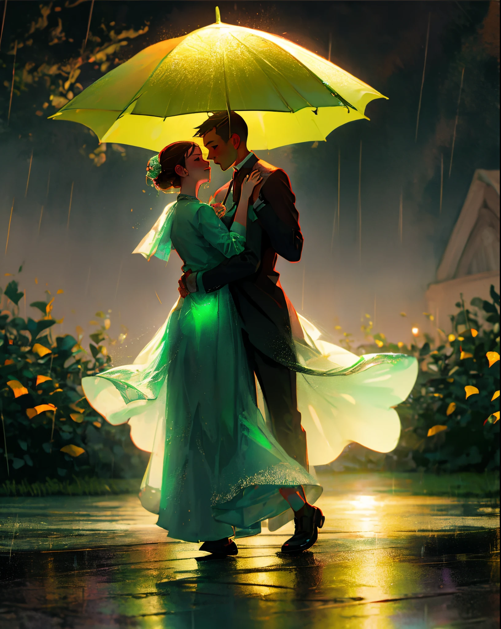 Couples shadow dancing in the rain with a green glow