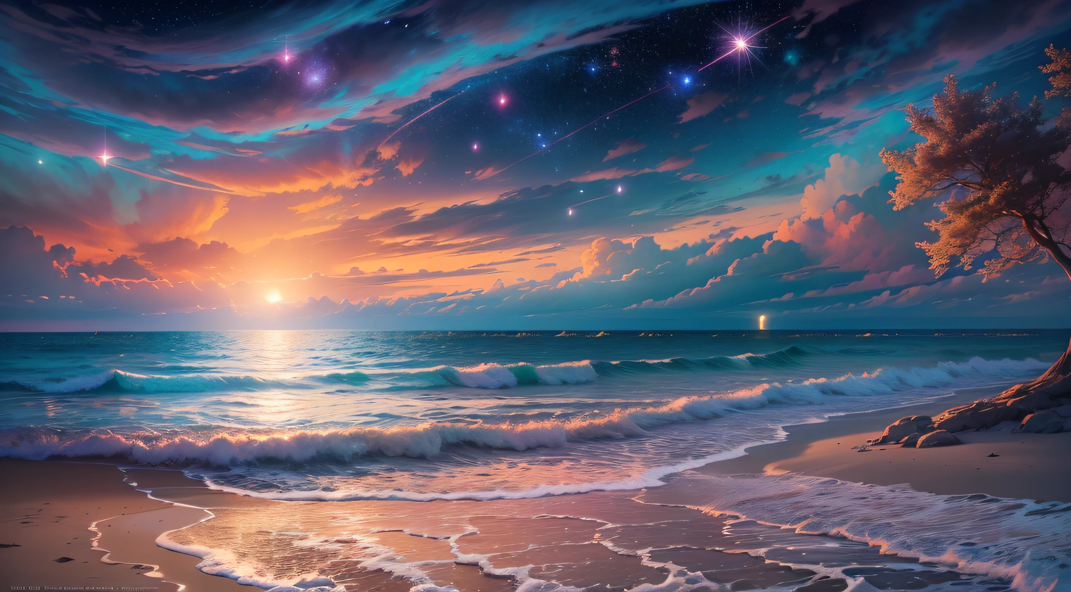 (Best Quality,hight resolution,Ultra-detailed,Realistic:1.2),romantic night landscape,Ocean breeze,Love,colorful sunset,Moon Waves,sparkling stars,serene atmosphere,quiet view of the coast,Vivid colors,Soft moonlight,Gentle waves,Glowing sky,Whispering Trees,Calm beach,warm sand,Romantic atmosphere