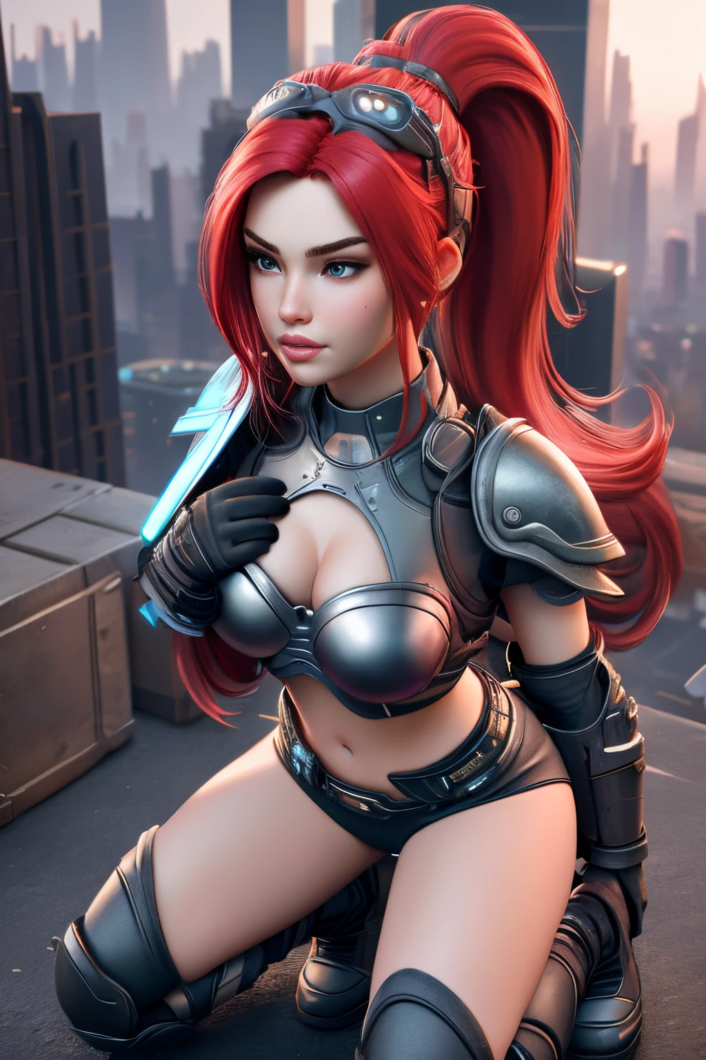 close up 1girl in, ager, Solo, long ponytail, straight red hair, super long red hair, some small freckles, pale skin, large breasts, cleavage, runners body, (thin hips, thin waist: 1.25), (arched back:1.12), detailed skin, serious face, pouting, revealing clothes, (wearing cropped chest armor, armored short shorts, bracers, armored boots, hair clip: 1.1), looking at viewer, (groping chest: 1.22), (kneeling: 1.12), touching herself, (detailed cyberpunk city background:1.1), dark rooftop, overlooking hazy city, 4k textures, soft light, elegant, highly detailed, sharp focus, soothing tones, insane details, intricate details, hyperdetailed, low contrast, exposure blend, hdr, faded