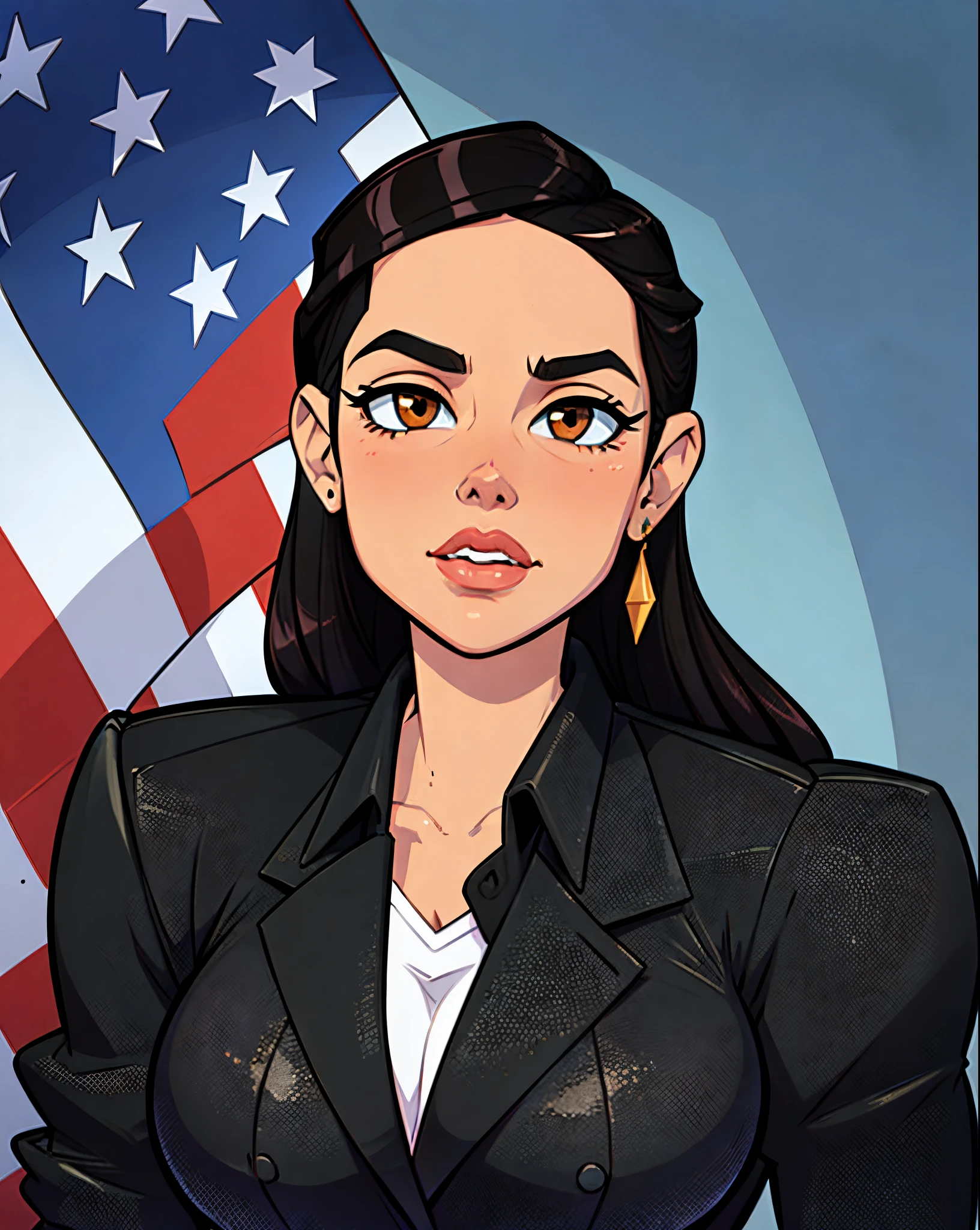 Alexandria Ocasio-Cortez, portrait photo, american flag background, sfw, (masterpiece), cel shaded, thick outlines, glossy shine, solo, tan olive skin, brown eyes, black hair, earings, business outfit (blue blazer, black shirt)