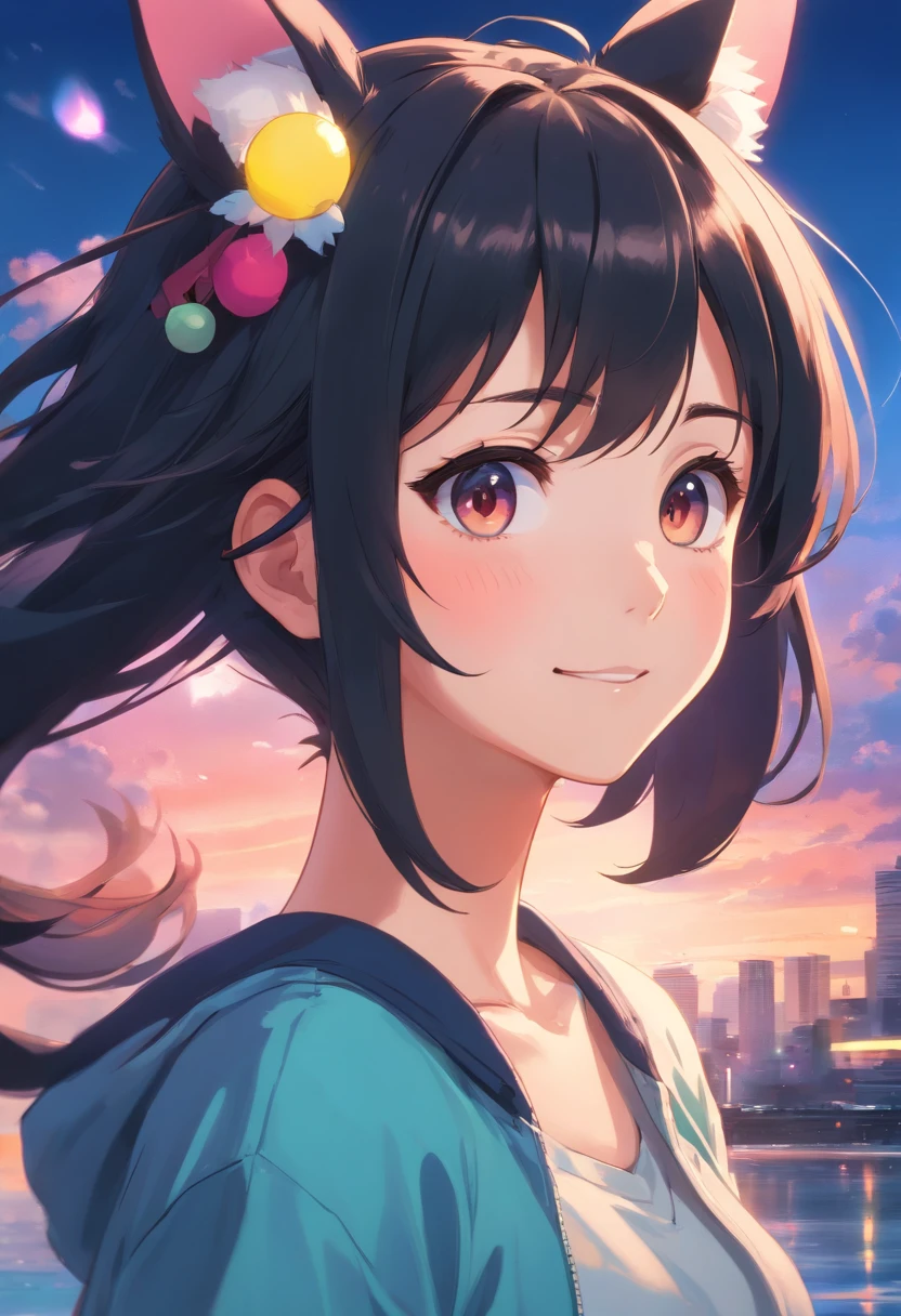 black hair, hair bobbles, wince, longeyelashes, solid circle eyes, fake animal ears, light smile, ear blush, fang, Surrealism, drop shadow, anaglyph, stereogram, tachi-e, pov, atmospheric perspective, 8k, super detail, ccurate, best quality