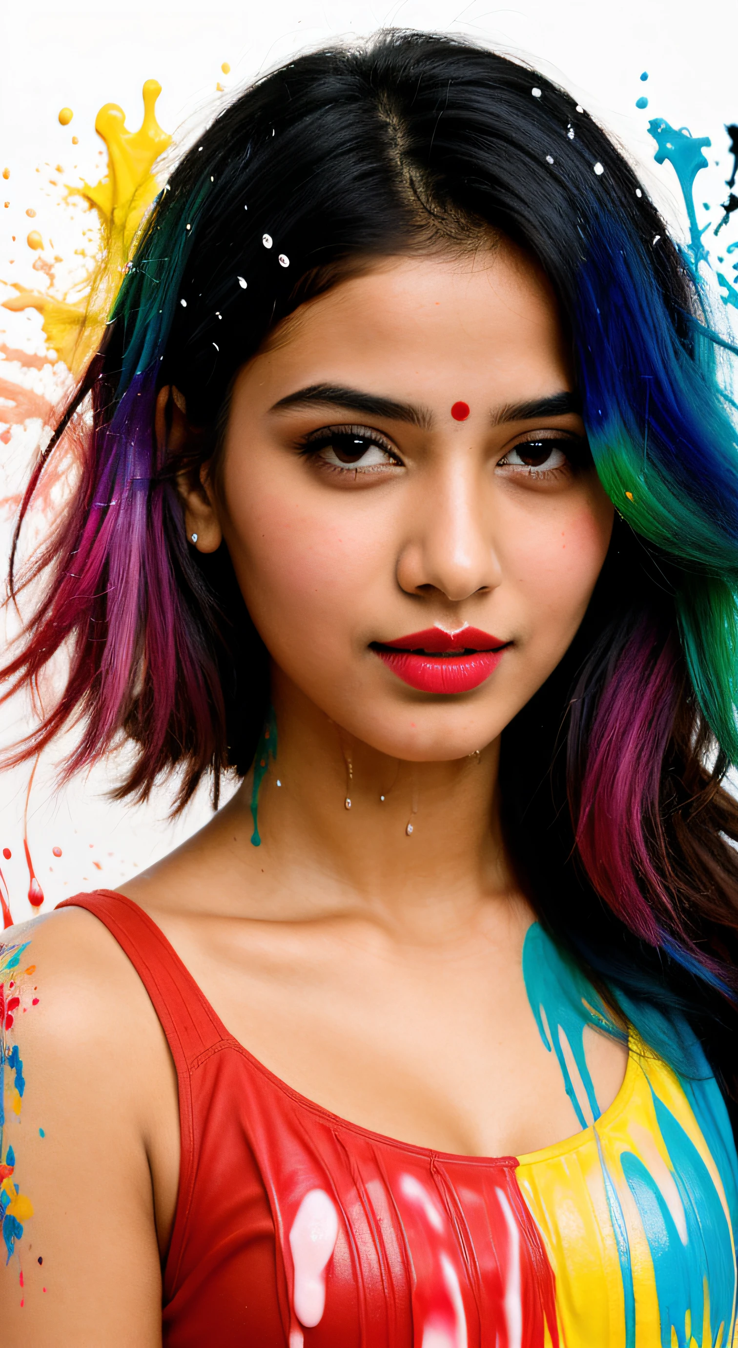 (Masterpiece, Best Quality, High Resolution), White Background, ((Paint Splash, Color Splash, Splash of Ink, Color Splash)), Sweet indian Girl in black dress, Rainbow Hair, Pink Lips, Front face, red top