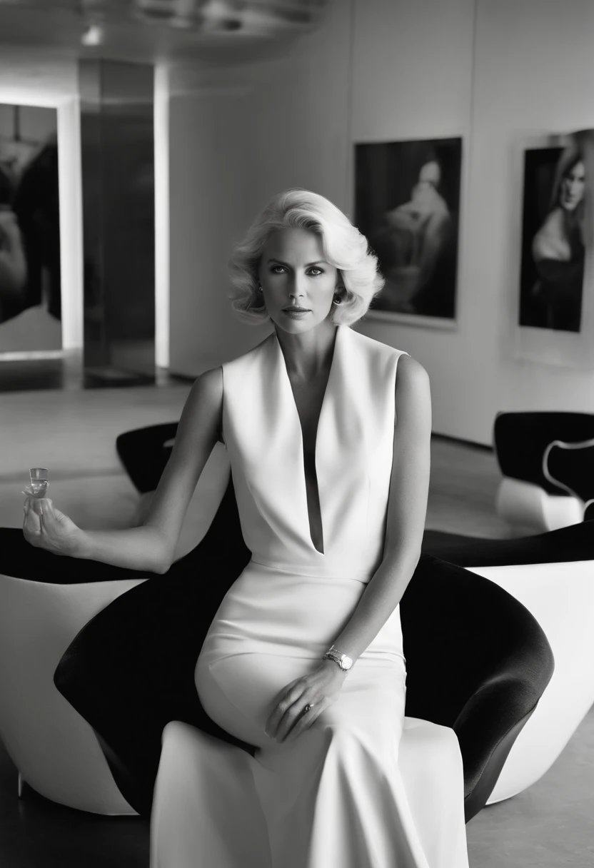 A black and white photo of Catherine sitting in a sleek, modern art gallery, surrounded by captivating, avant-garde pieces.,Basic Instinct,Catherine Tramell, the enigmatic character from “Basic Instinct,” is portrayed with a striking and seductive appearance, characterized by her icy blonde hair, sharp features, and a confident, almost predatory poise. Her wardrobe is sophisticated and alluring, often consisting of sleek, form-fitting dresses that enhance her manipulative charm and commanding presence. Personality-wise, Catherine is intelligent, articulate, , female