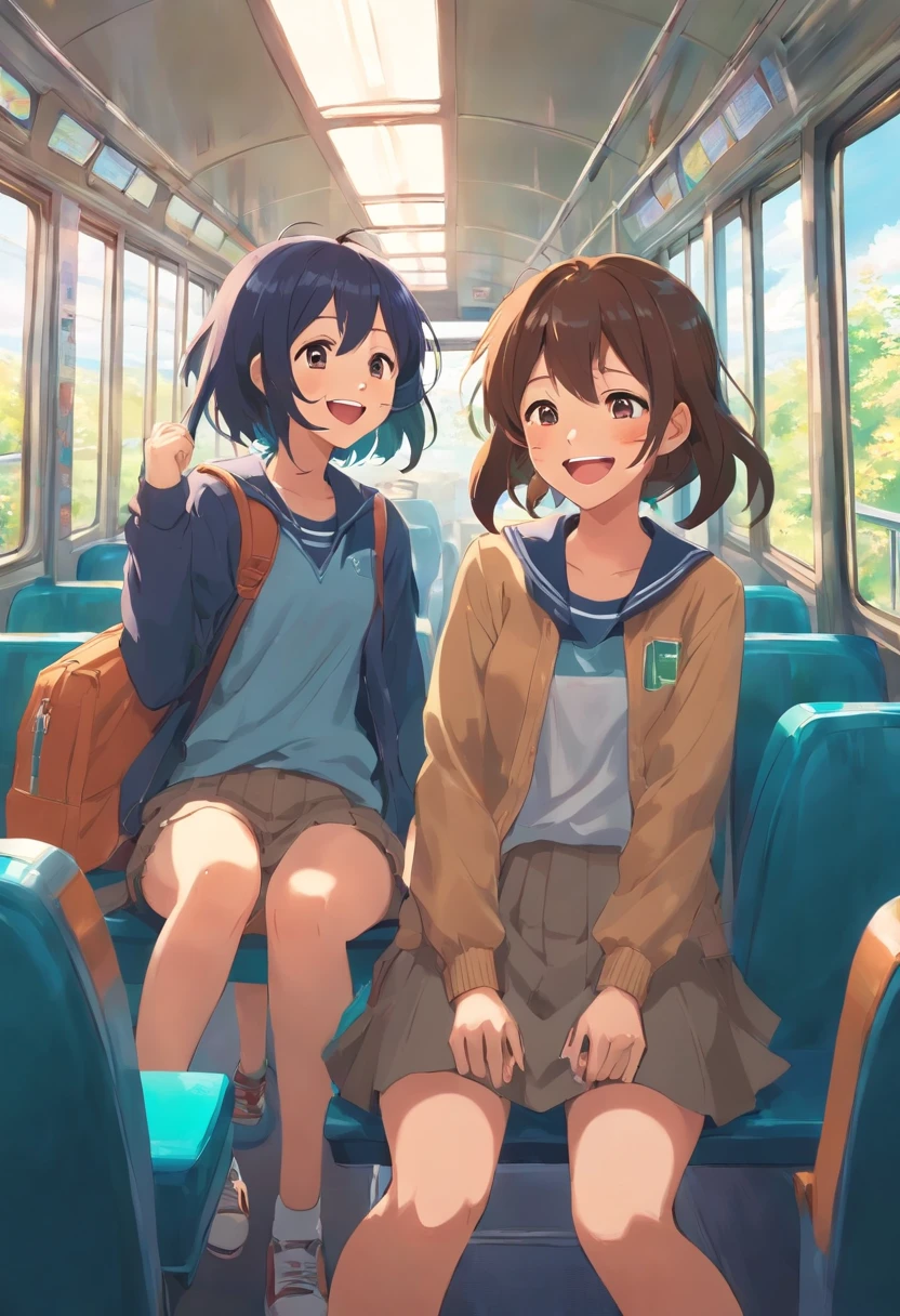 2 girls really cute laughing together on a school trip in the bus