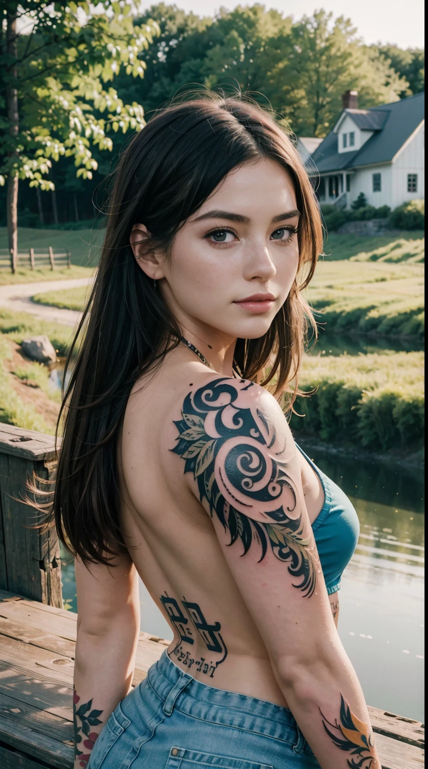 ::1:: Hyperrealistic, high-quality photograph, Hasselblad camera quality. ::1::
::2:: Subject: 18-year-old Nordic woman, Viking warrior essence, ready for battle, portrait from waist up. Nude. Nipples visible ::2::
::3:: Body language: strong, determined expression. ::3::
::4:: Facial features: epic, piercing blue eyes, thick arched eyebrows, fair weathered skin. ::4::
::5:: Hair: long, flowing, slightly tousled with braids, traditional Viking style. ::5::
::6:: Makeup: Minimal, earth-toned, war paint markings across cheeks and forehead, enhancing fierce warrior look; possible symbolic Viking tattoo visible on one side of her face, representing strength and protection. ::6::
::7:: Pose: bold, commanding, shoulders squared, chin slightly raised. ::7::
::8:: Accessories: intricate Viking jewelry (torc, arm rings with Norse engravings), leather gloves, hand near decorative sheathed sword. ::8::
::9:: Lighting: dramatic soft backlight, halo effect, highlights contours of face and accessories. ::9::
::10:: Ambience: epic natural outdoor setting, dawn or dusk, Nordic landscape backdrop, tranquility before the storm. ::