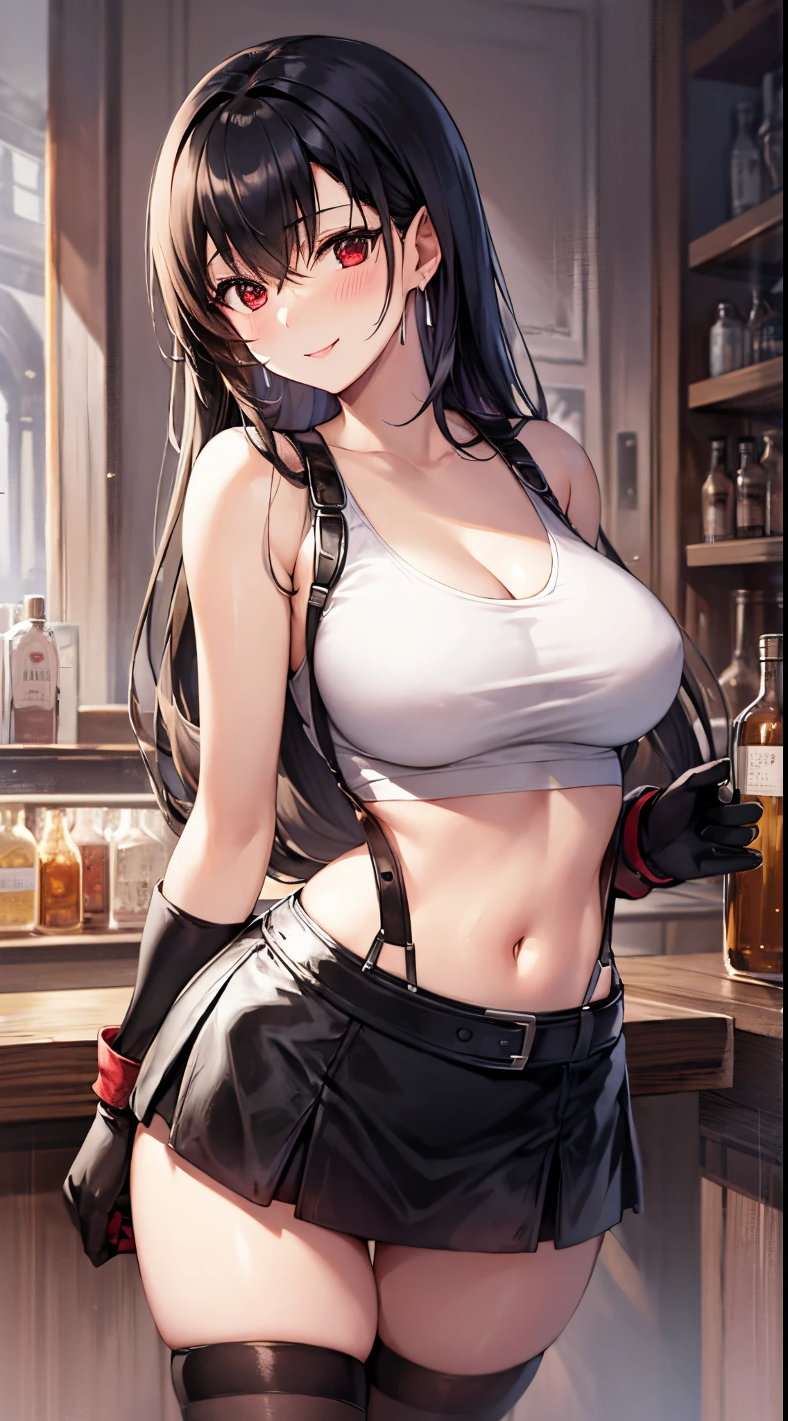 tifa ff7, 1girl, solo, looking at viewer, blush, seductive smile, white tank top, black skirt, suspender skirt, midriff, black thighhighs, red gloves, bra, bent over, head tilt, bar counter,