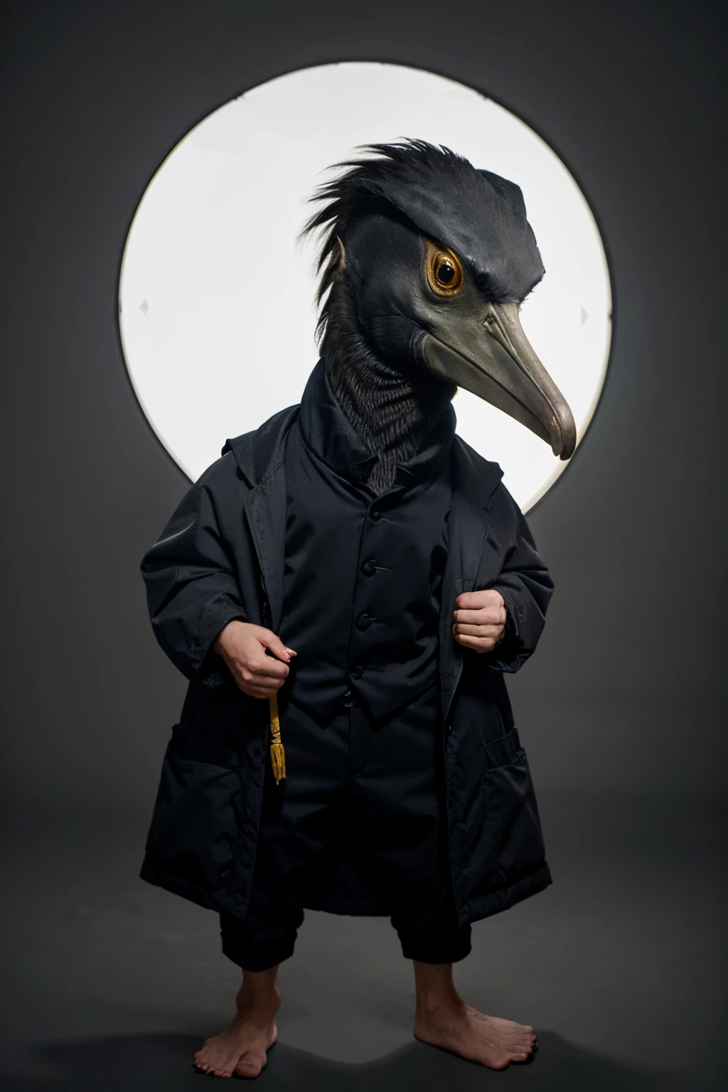 a Hammerkop dressed in six’s outfit from little nightmares