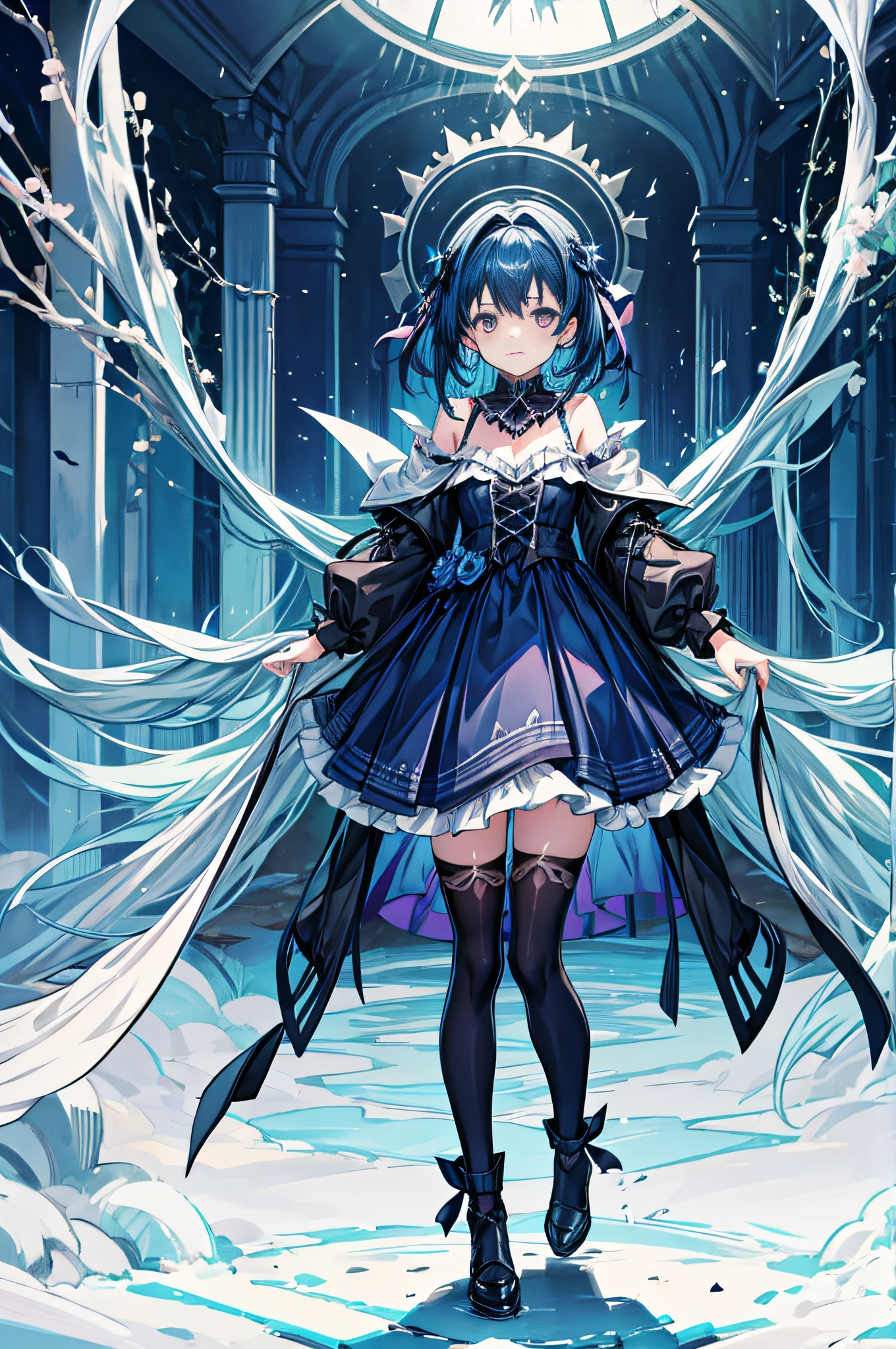 Loli, the girl in the dark castle, someone is in the dark forest、There were ghosts around her, High quality,  Octane Render,Dark blue hair,black thighhighs,Full body,Lori,